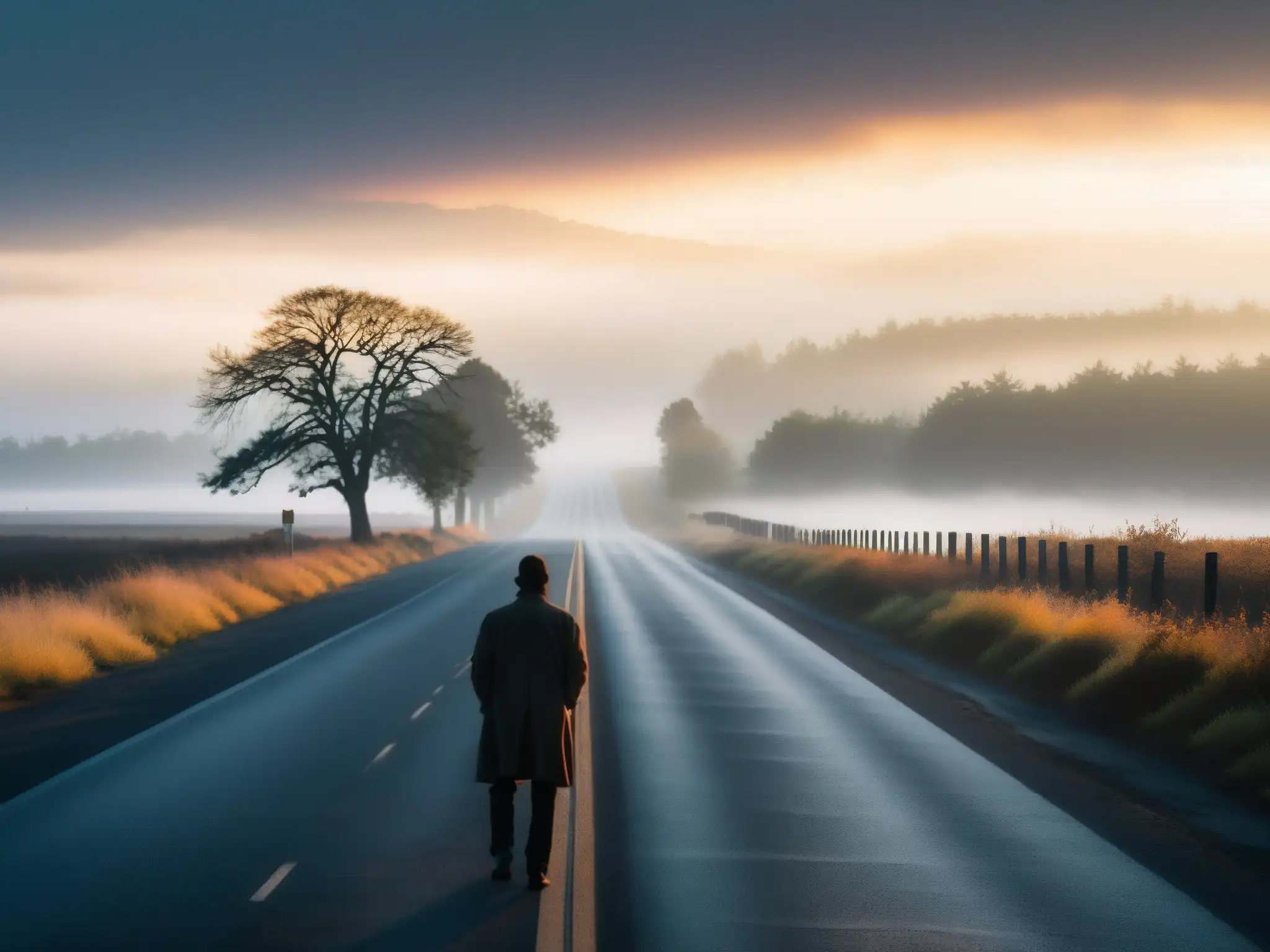 Un camino desolado al atardecer, con neblina misteriosa y una figura solitaria