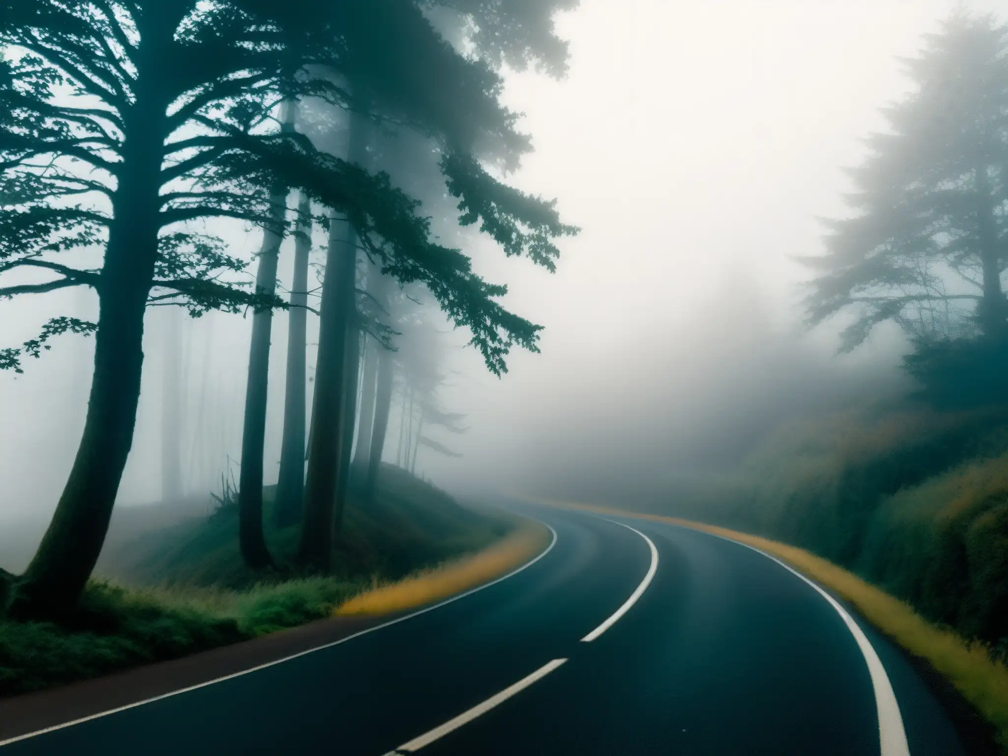 Un camino desolado envuelto en niebla, con árboles cubiertos de maleza proyectando sombras inquietantes