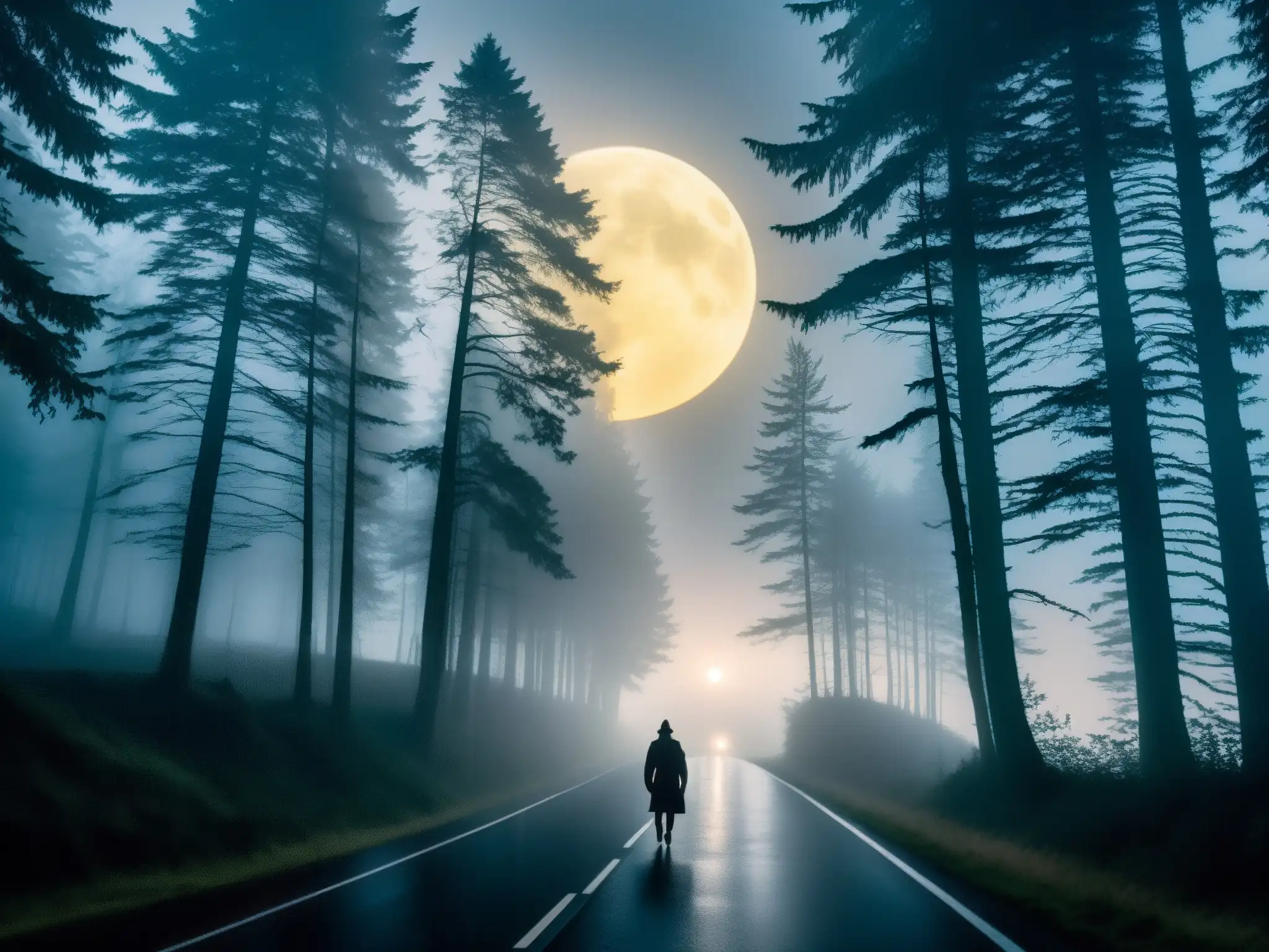 Un camino oscuro se adentra en un bosque tenebroso, iluminado por la luz de la luna