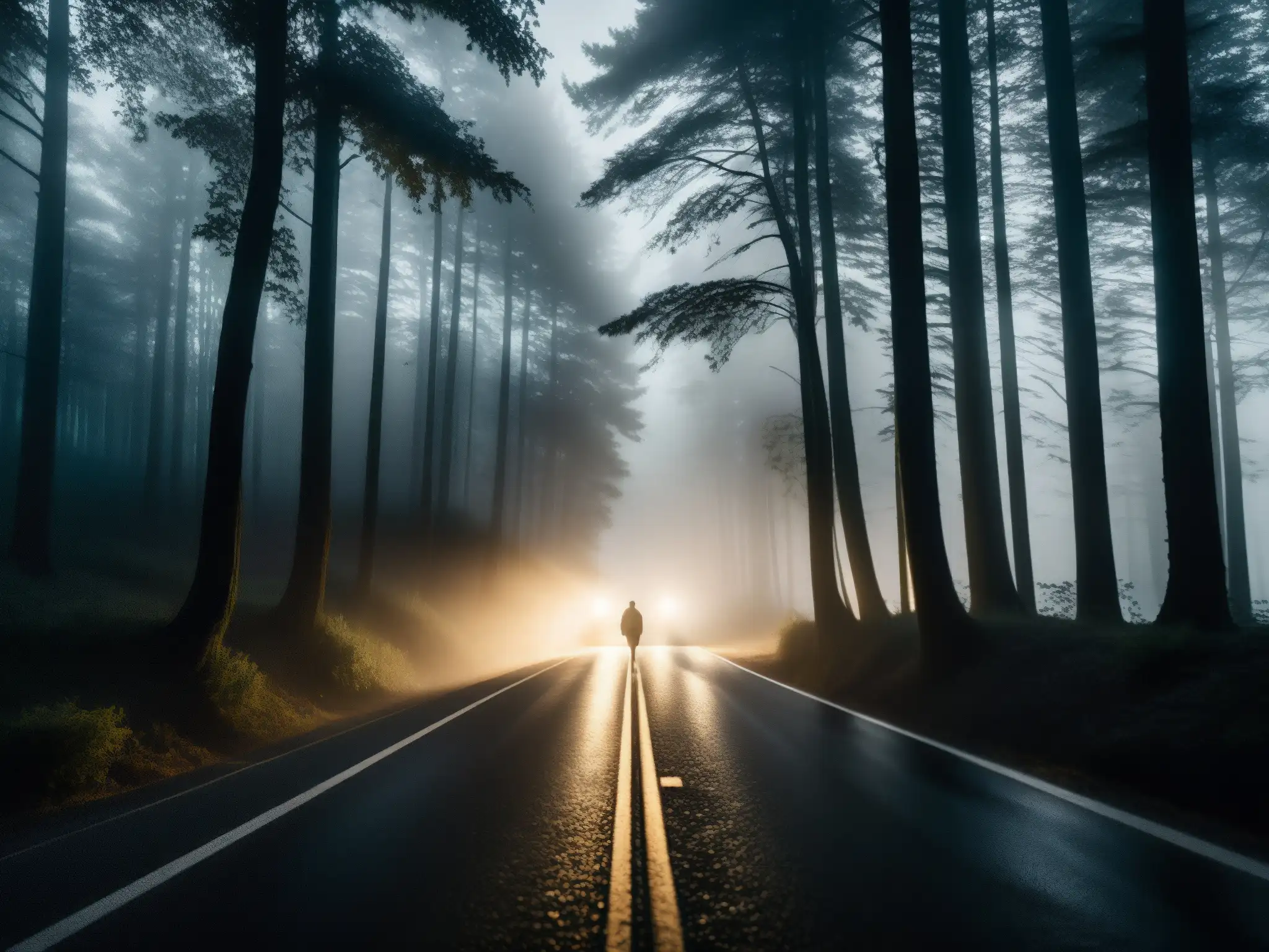 Un camino oscuro y misterioso iluminado por los faros de un coche, rodeado de densos árboles y una atmósfera brumosa