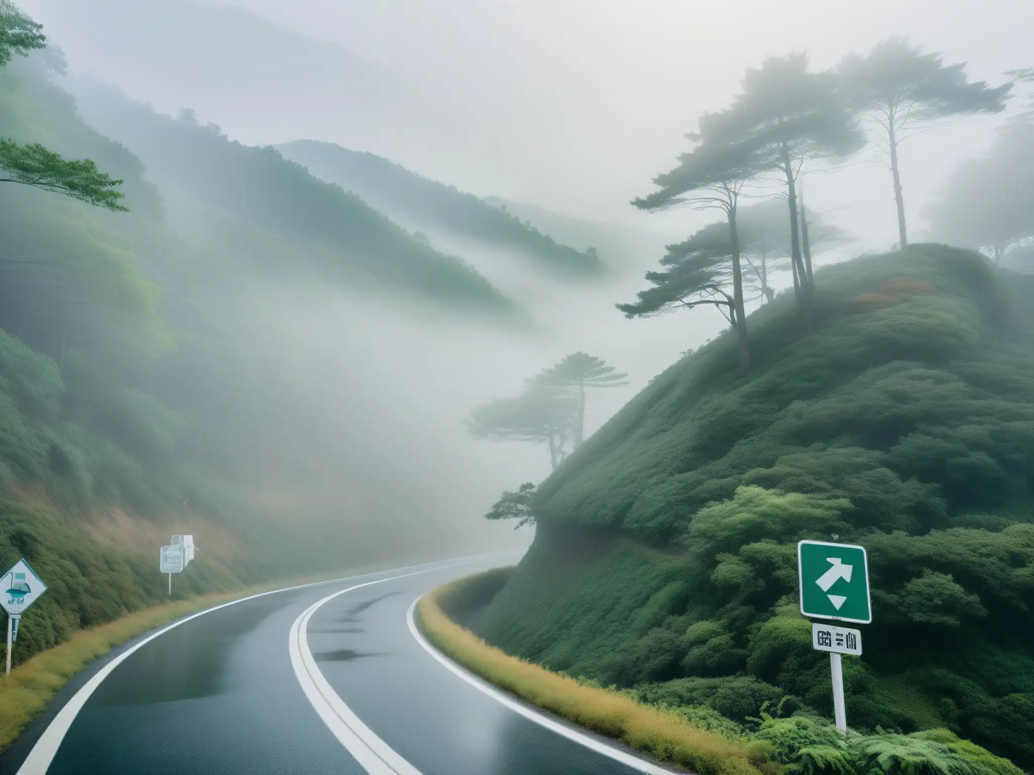 Un camino serpenteante y neblinoso en Corea del Sur, rodeado de densos bosques y envuelto en un silencio inquietante