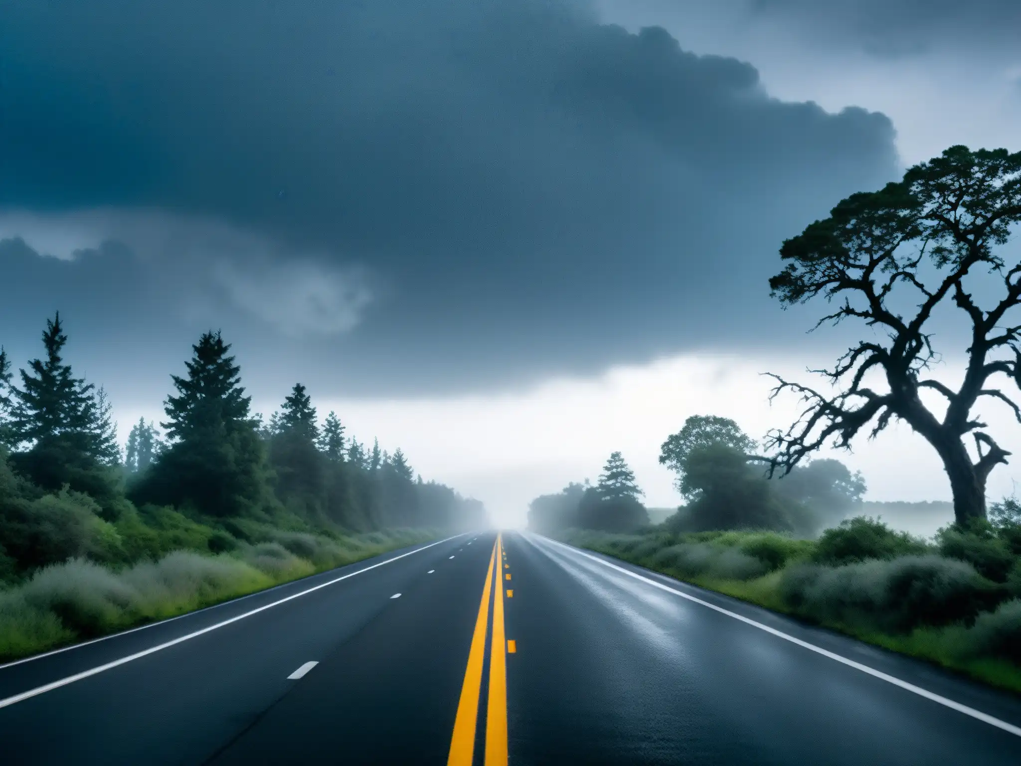 Un camino solitario y desolado, envuelto en niebla espesa y con árboles retorcidos