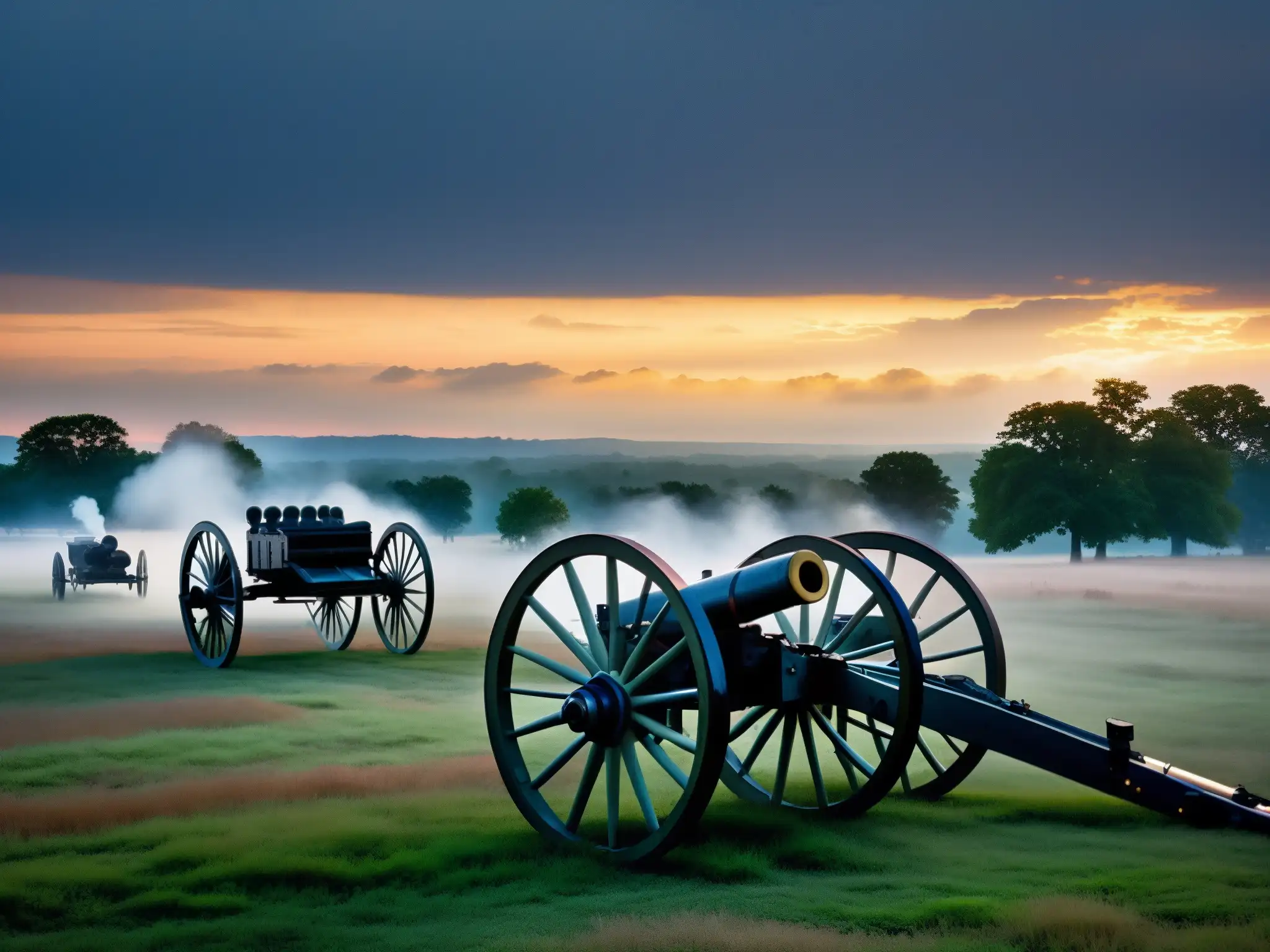 Campo de batalla histórico de Gettysburg al anochecer, con neblina sutil