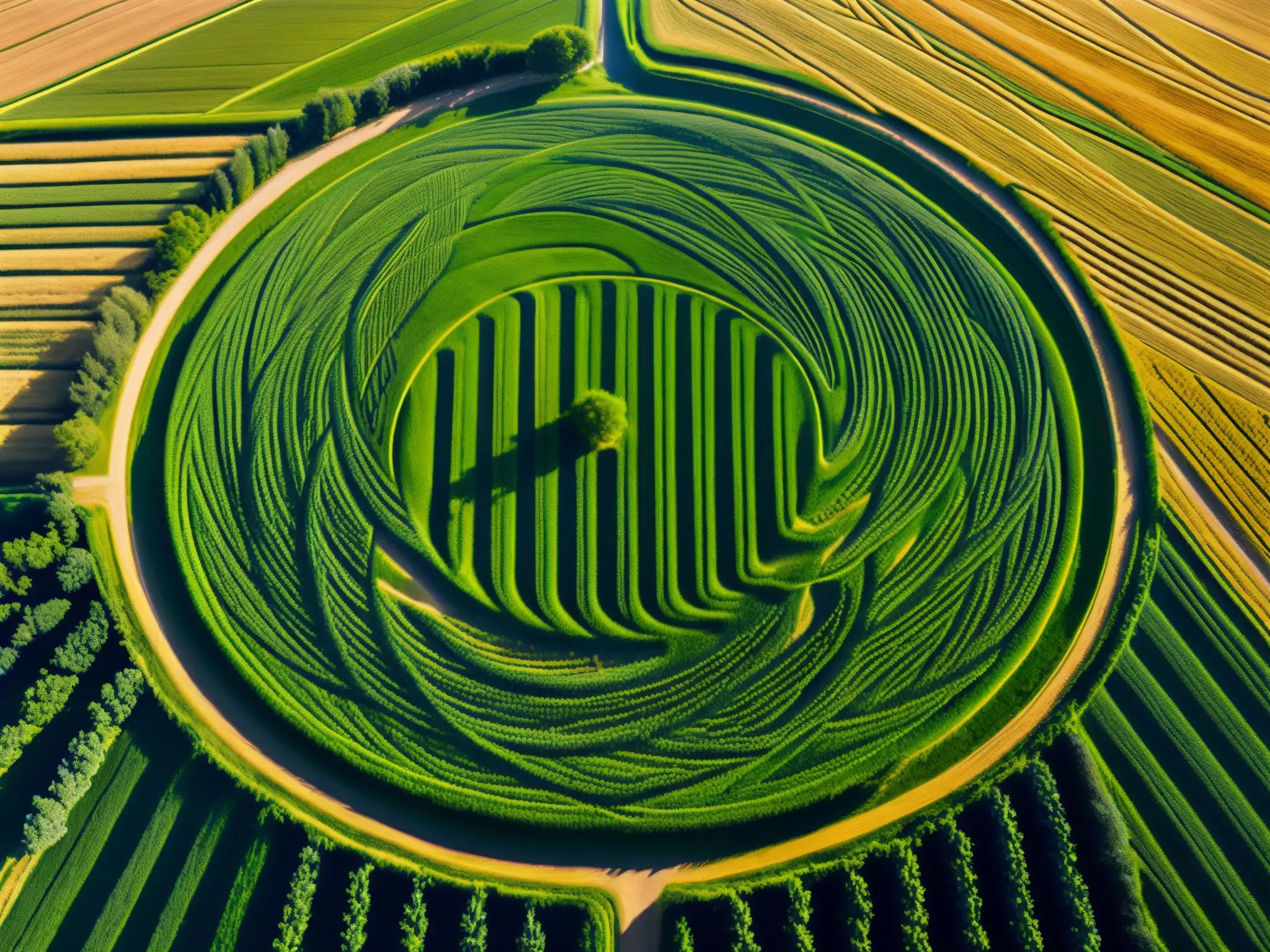 Un campo de trigo dorado con un enigmático círculo de cultivo, bajo la luz del sol