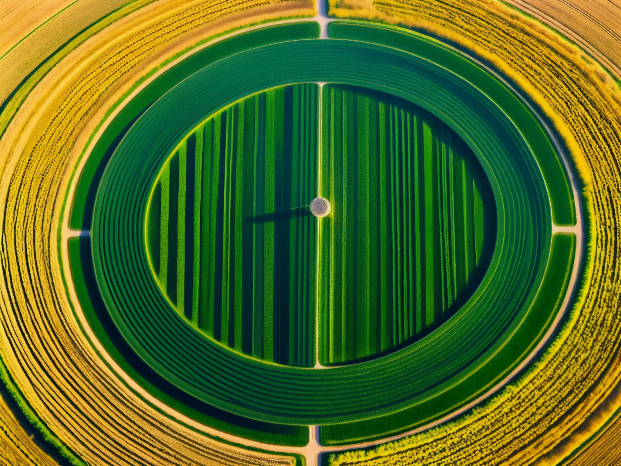 Un campo de trigo dorado se extiende, con un intrincado círculo de cultivos en el centro