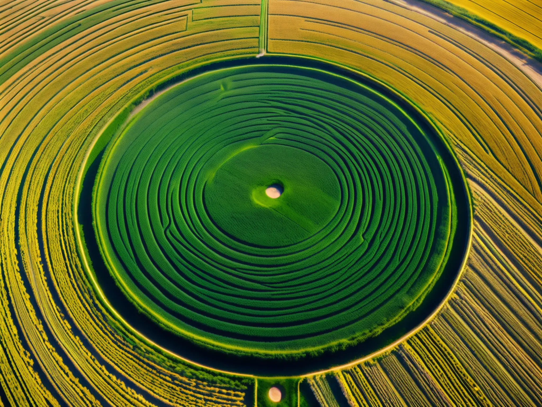 Un campo de trigo dorado muestra un intrincado círculo de cultivo con patrones geométricos y diseños en espiral