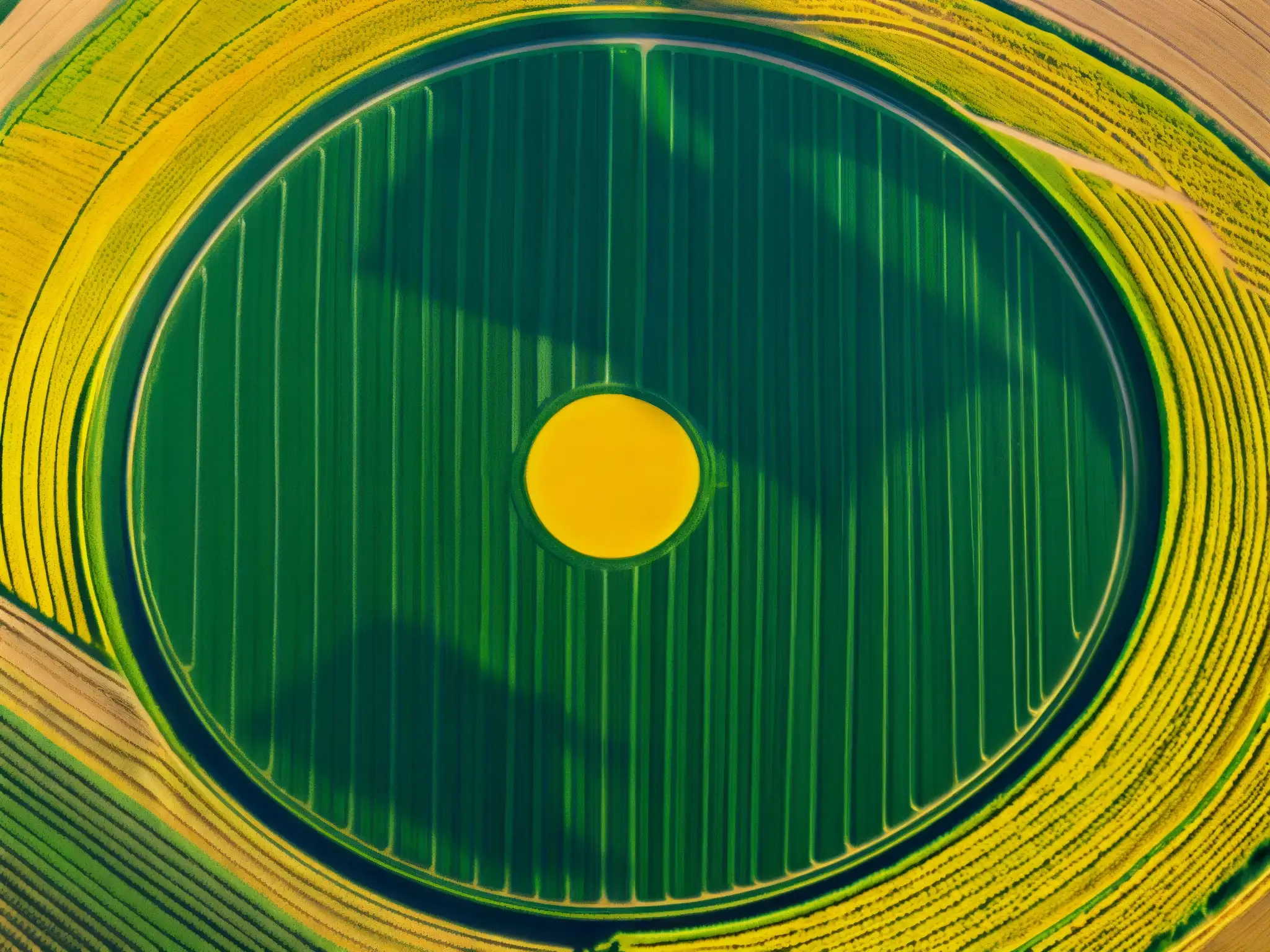 Campo de trigo con fenómeno círculos cosechas mensajes extraterrestres, patrones geométricos en la luz del sol de la mañana