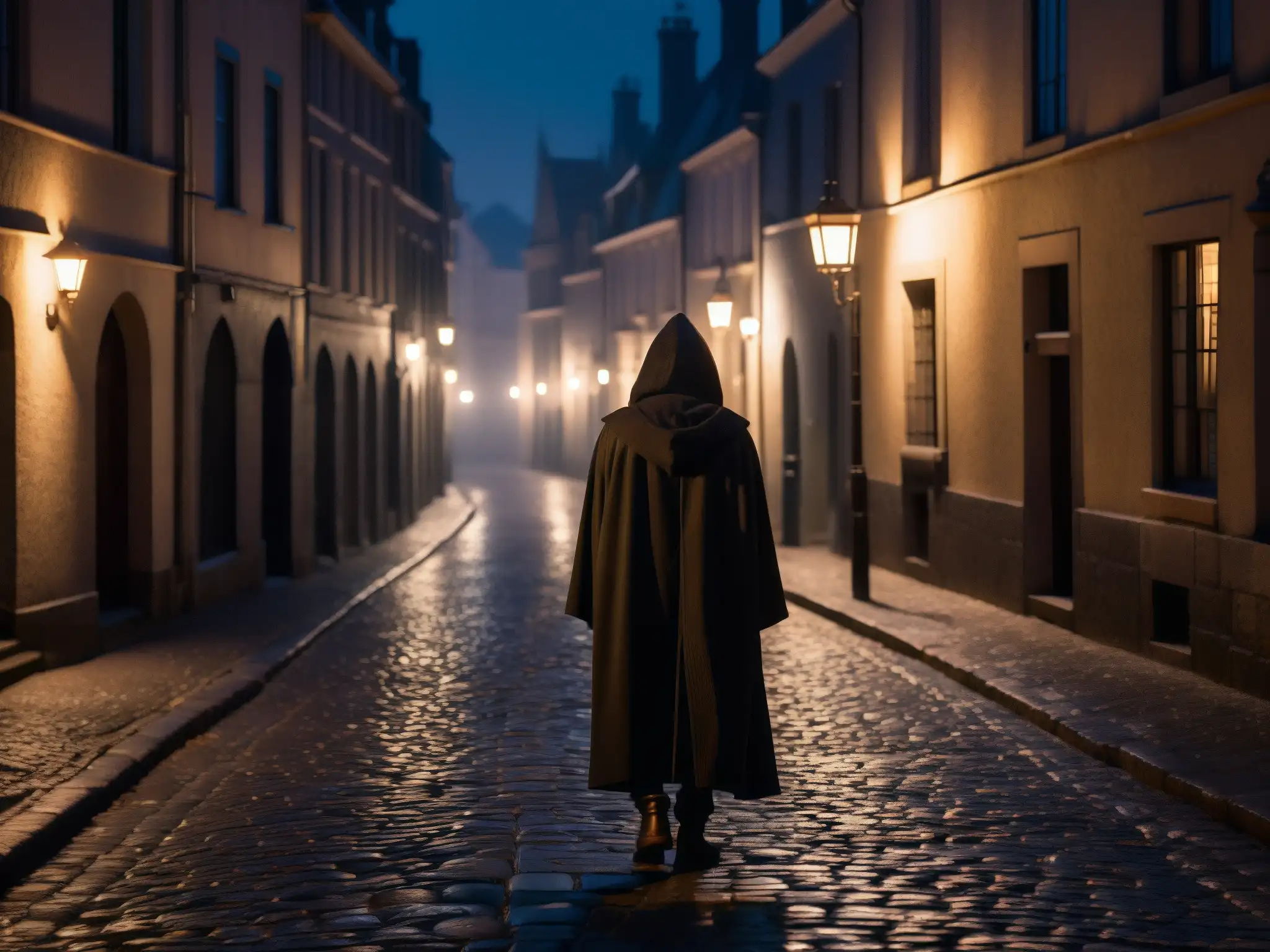 Figura en capa con capucha sumida en pensamientos en calle urbana misteriosa, perpetuación de supersticiones en leyendas urbanas