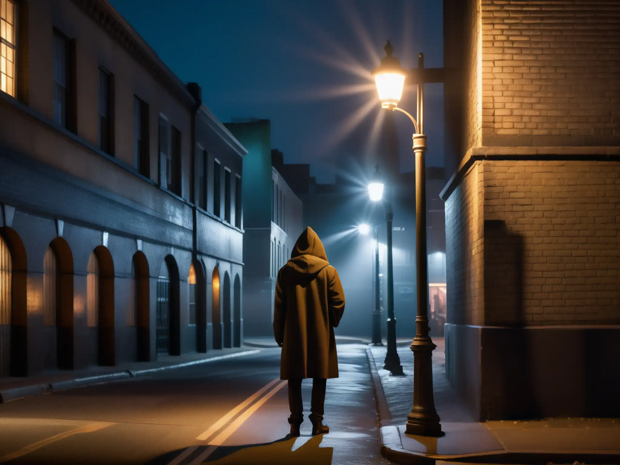 Figura en capucha bajo farola en calle solitaria, rodeada de sombras y grafitis