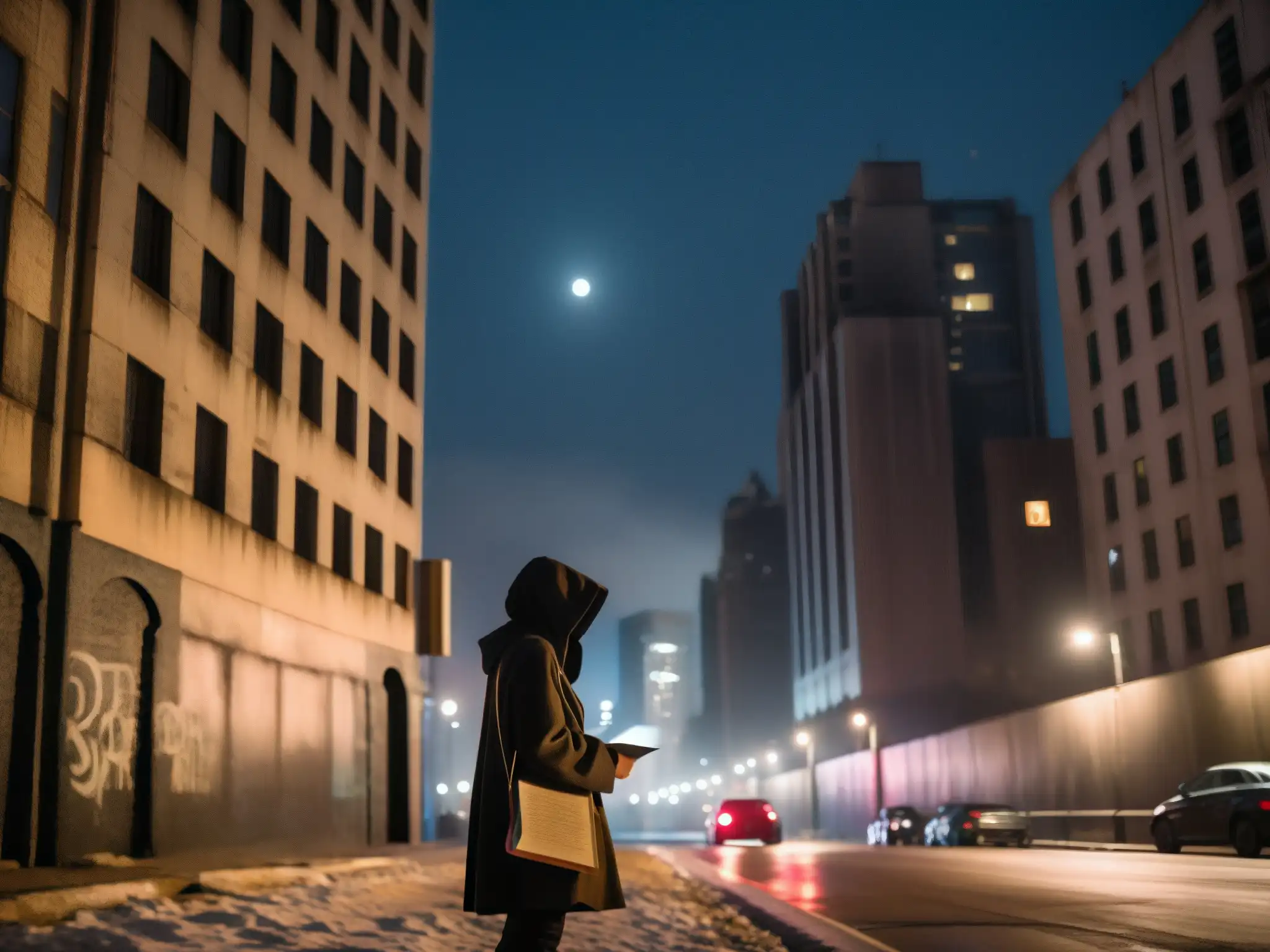 Figura en capucha frente a graffiti, con rascacielos en la distancia