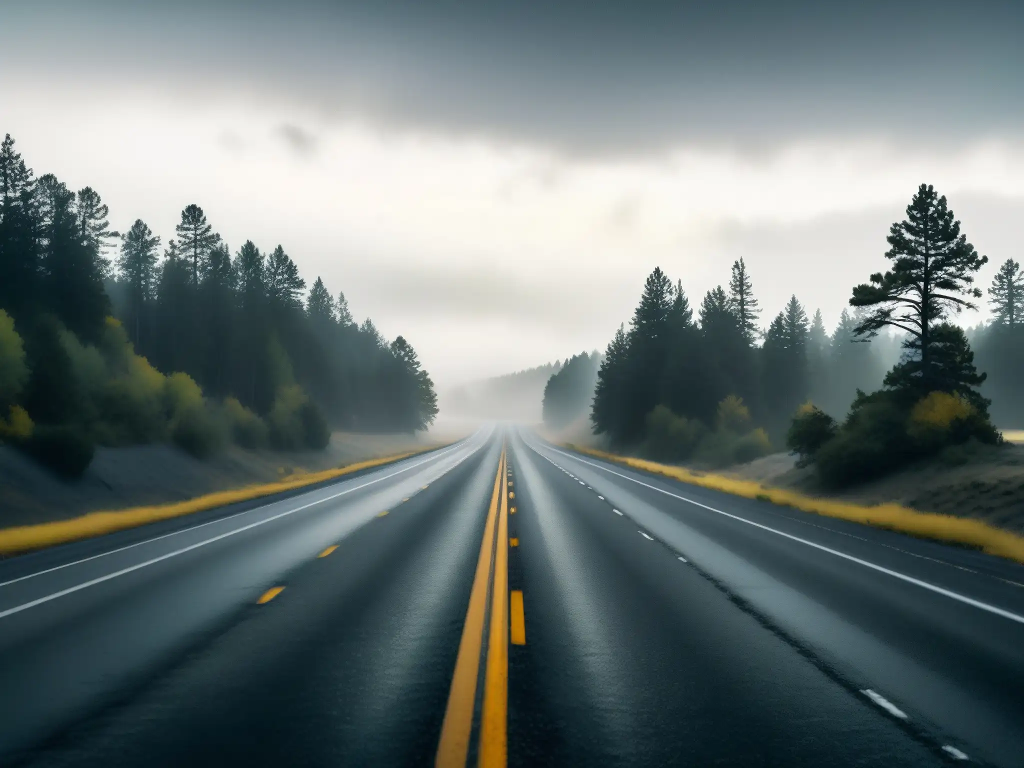 Carretera desolada en América con árboles retorcidos y niebla misteriosa, atmósfera de leyendas urbanas y carreteras malditas