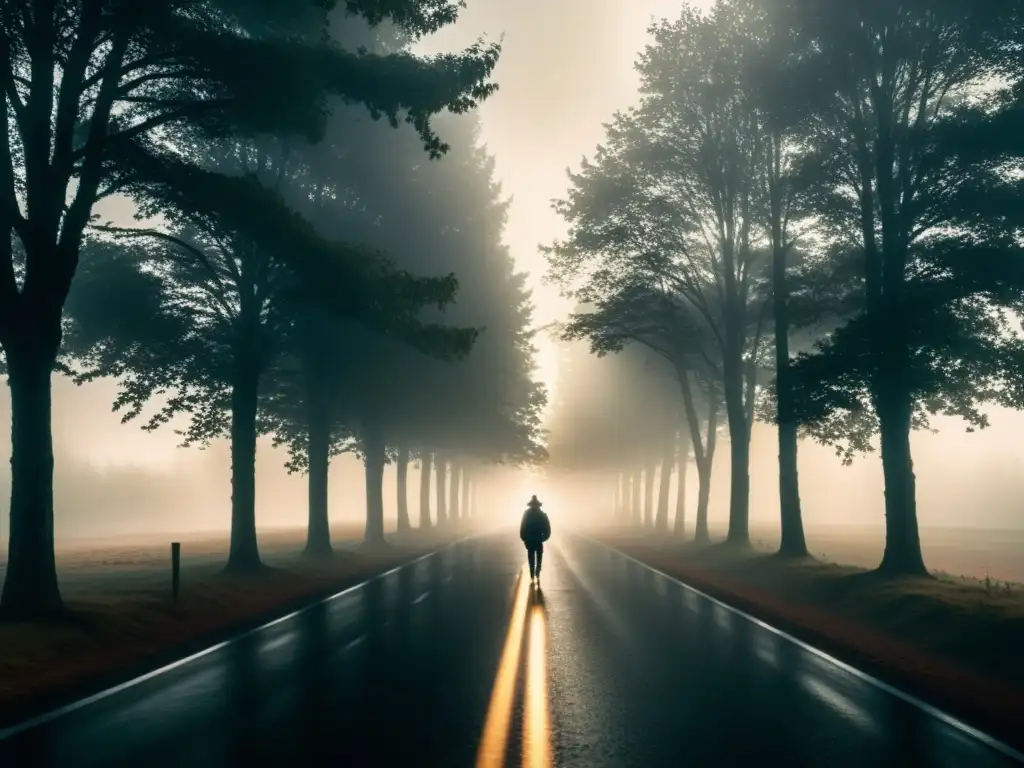 Carretera envuelta en niebla y misterio con siluetas fantasmales de árboles y un brillo en la lejanía, evocando la sensación de misterio y tensión