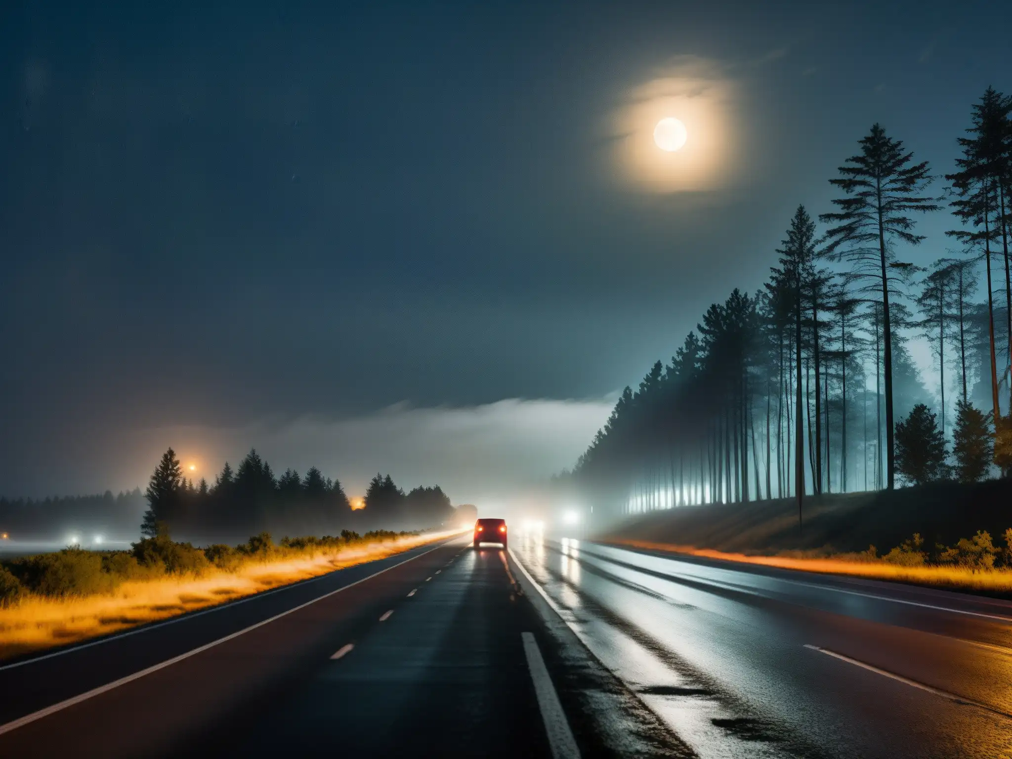 Carretera maldita americana, figura en la niebla, coche averiado, luna ominosa y árboles amenazantes