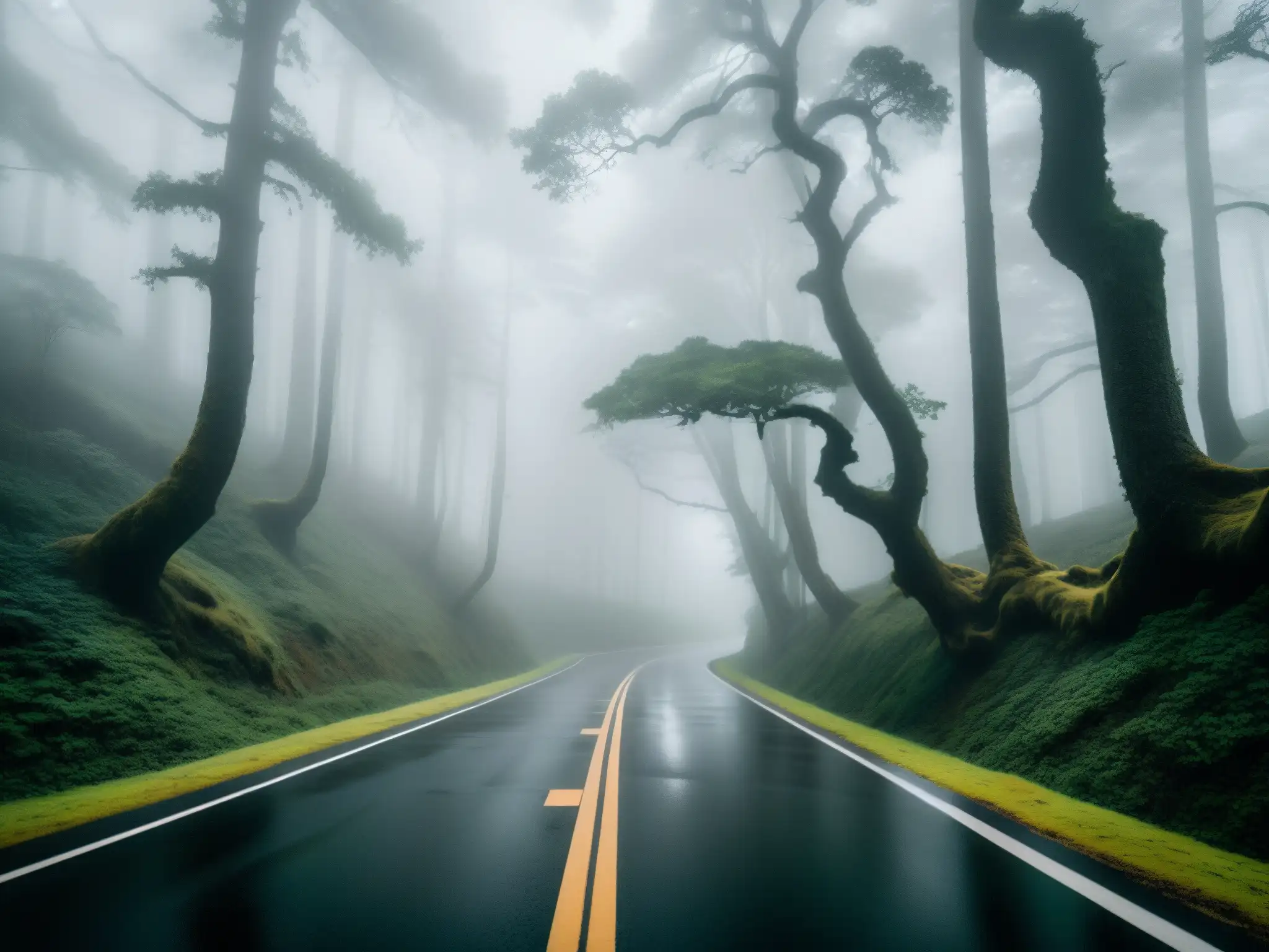 Carretera maldita: un camino solitario y neblinoso atraviesa un bosque denso, evocando misterio y temor
