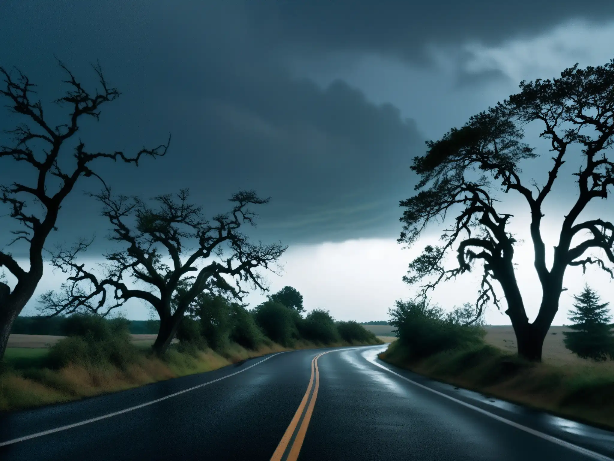 Una carretera maldita envuelta en misterio y leyendas urbanas, flanqueada por árboles retorcidos y un cielo amenazante