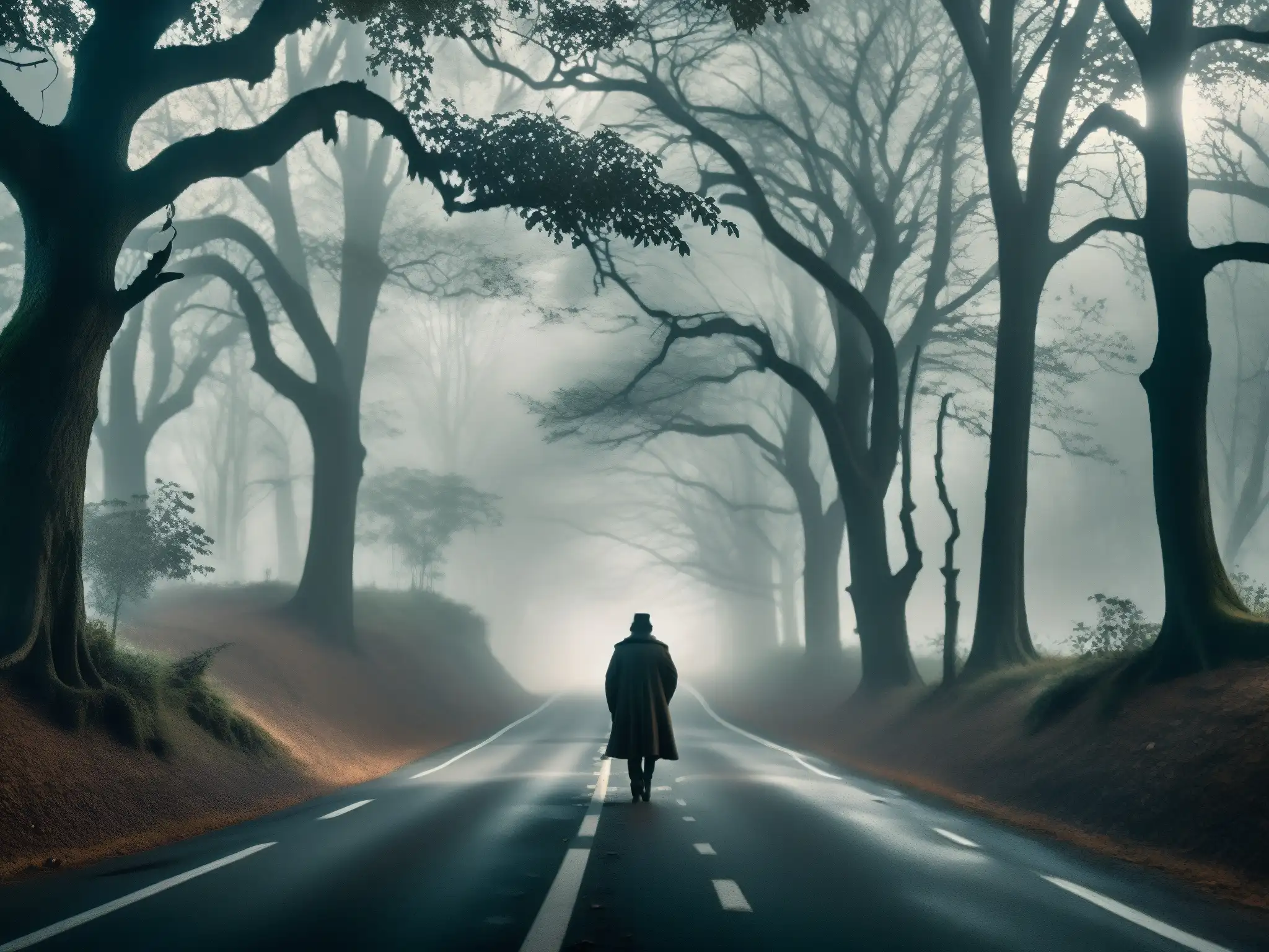 Una carretera neblinosa y lúgubre en medio de un denso bosque, con sombras siniestras y ramas retorcidas