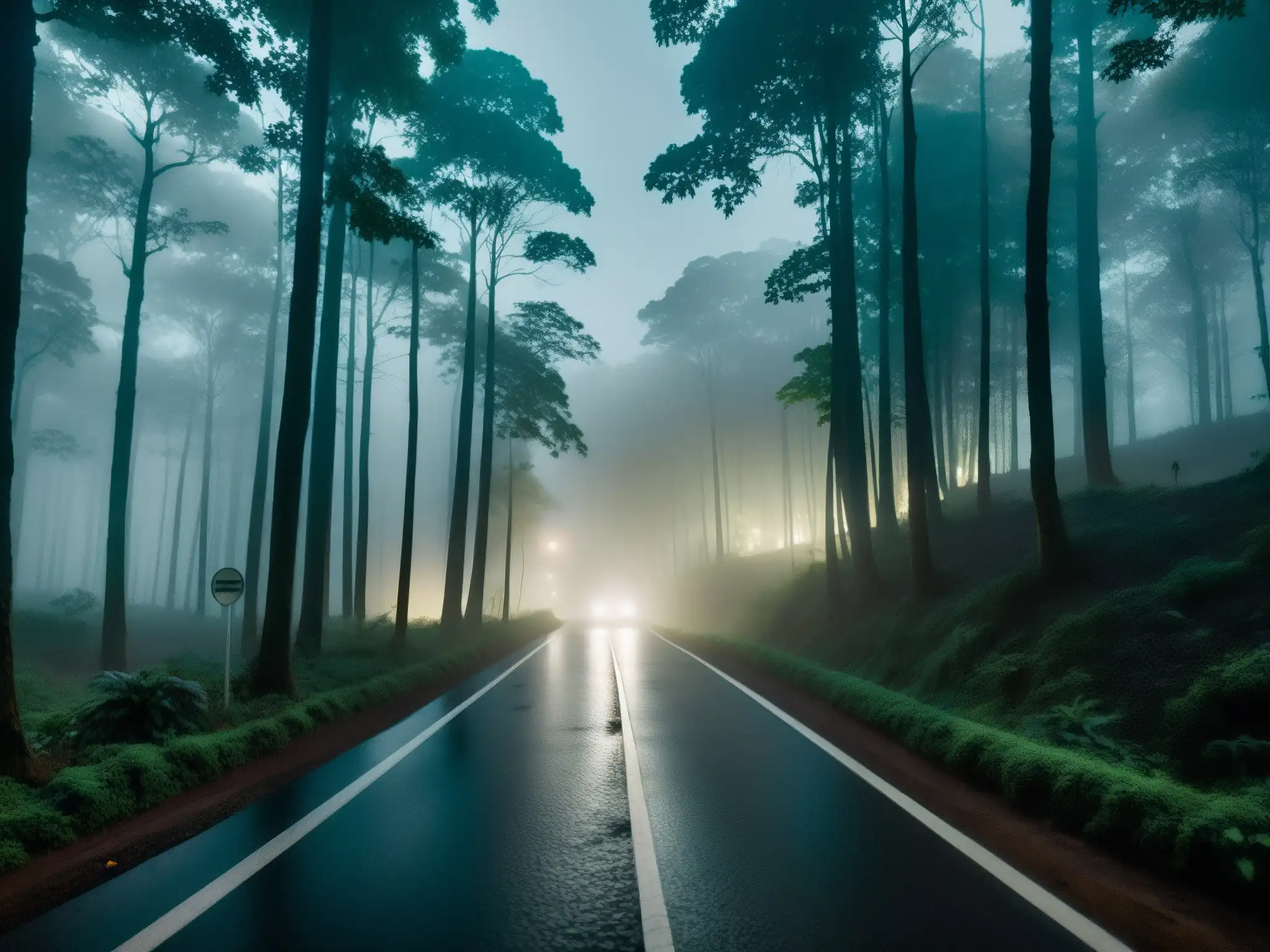 A lo lejos, una carretera neblinosa y oscura se adentra en un denso bosque