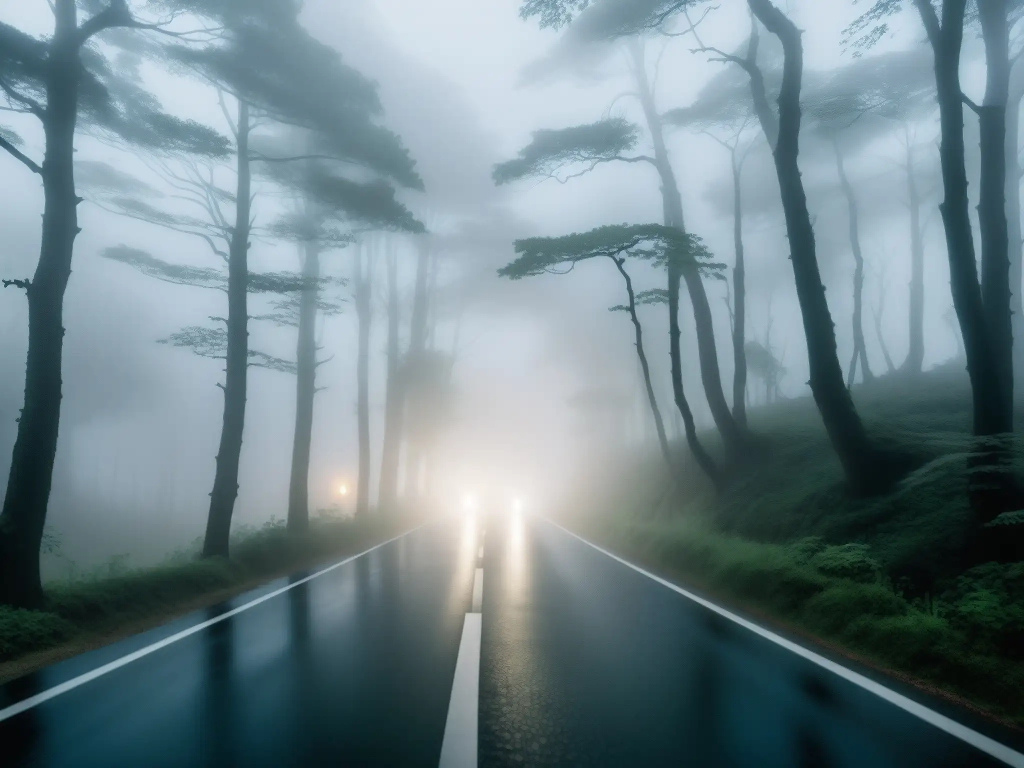 Una carretera en la niebla de Corea del Sur, rodeada de árboles