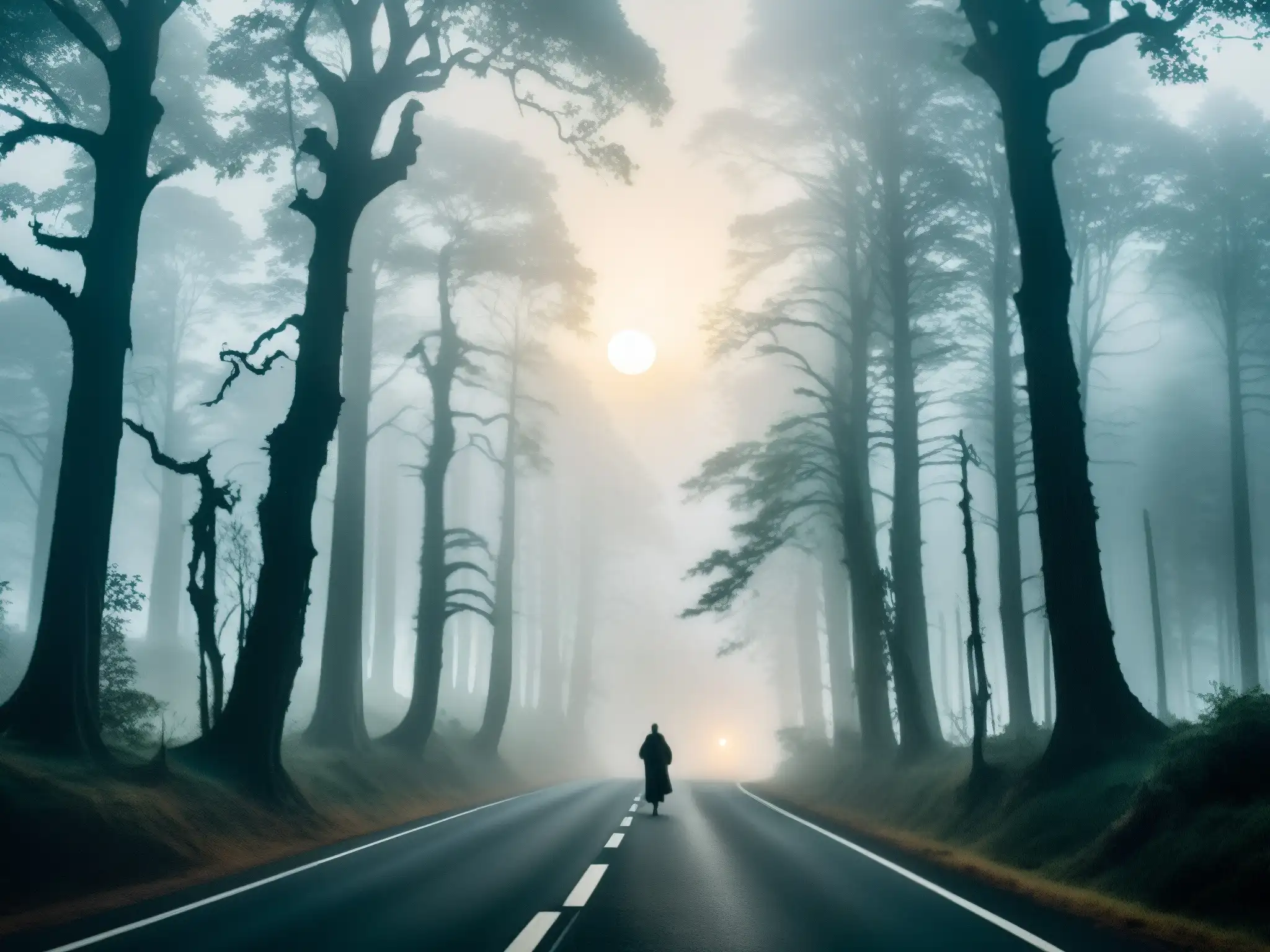 Una carretera oscura rodeada de árboles retorcidos, neblina y figuras fantasmales, evocando leyendas urbanas de Thane