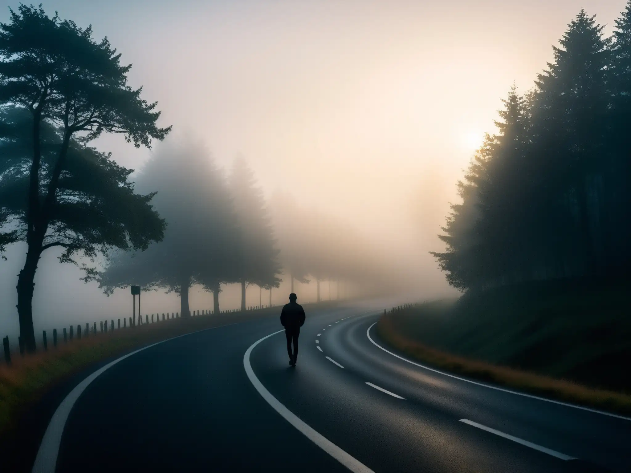 Una carretera serpenteante se pierde en la densa niebla del atardecer, con luces fantasmales y una figura en la distancia