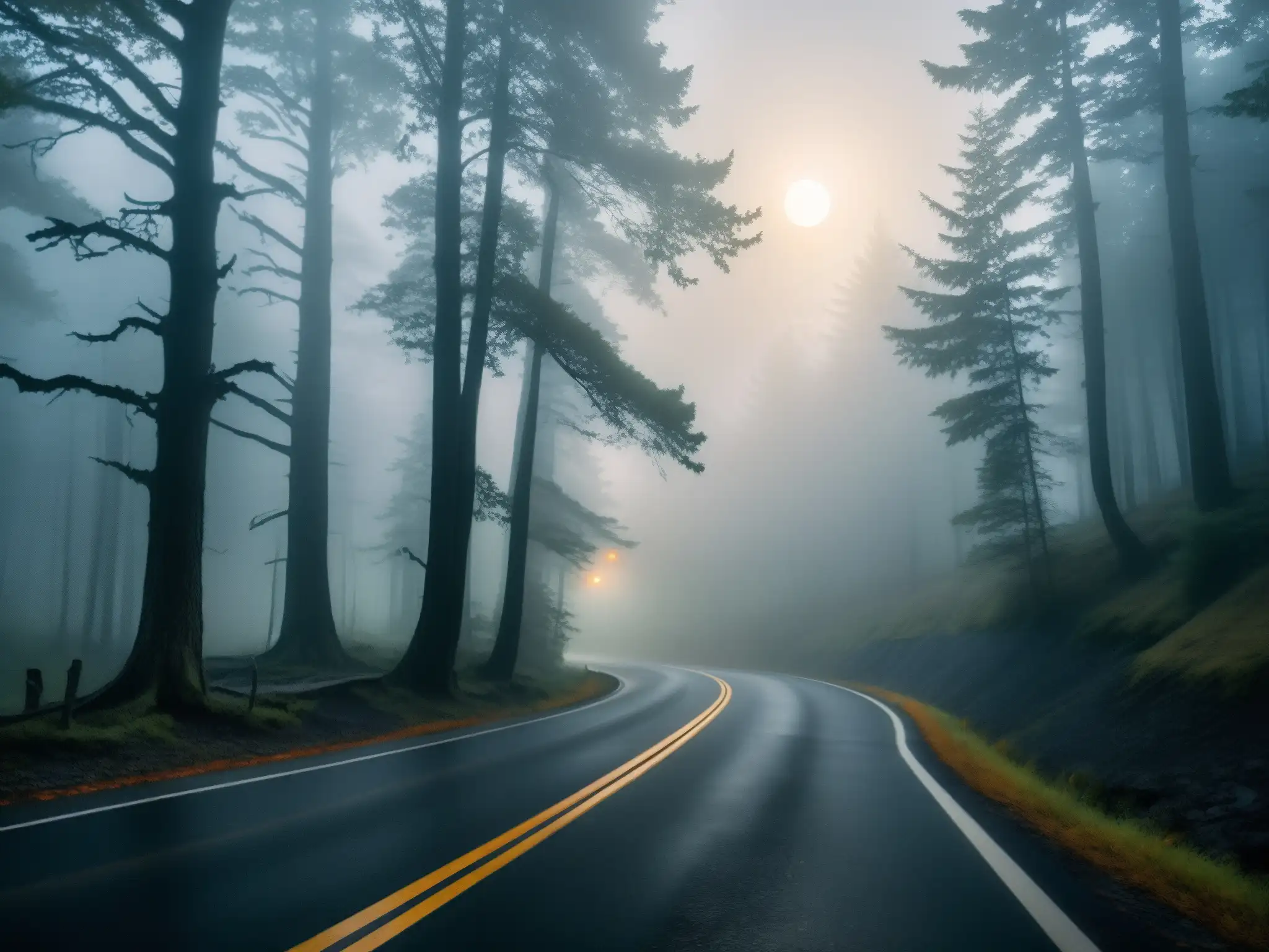 Una carretera solitaria se adentra en un bosque misterioso, iluminada por la luna