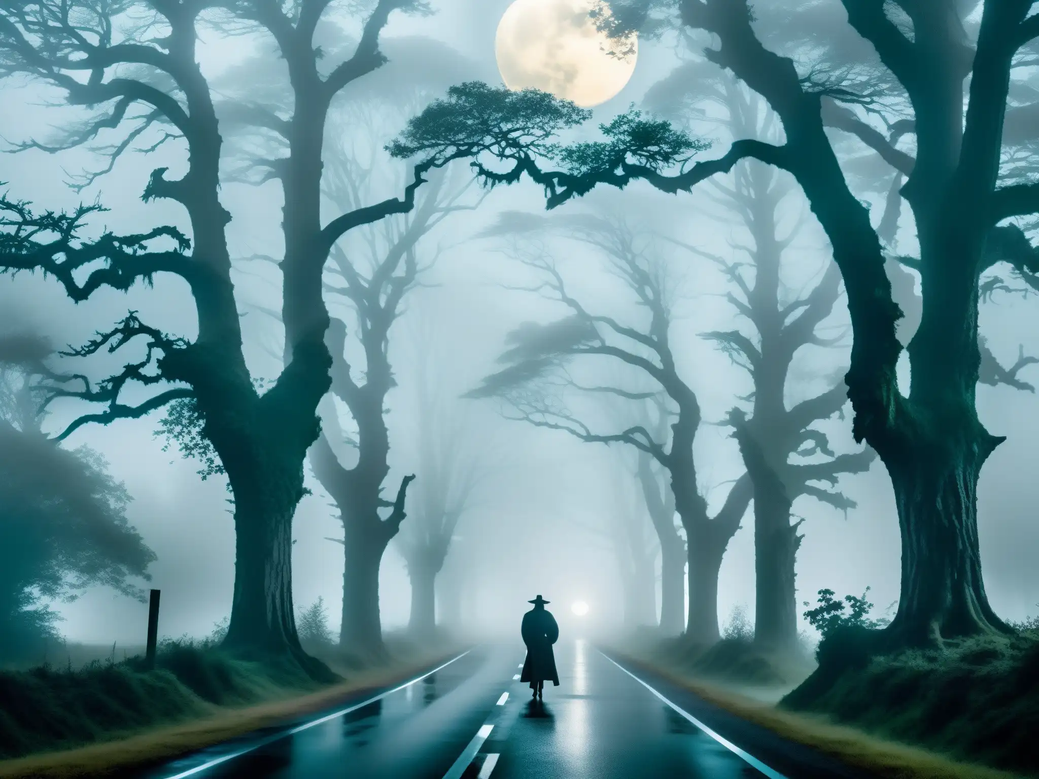 Carretera de Thane envuelta en niebla, con árboles antiguos y lúgubre luz de luna, evocando leyendas urbanas, fantasmas y misterio