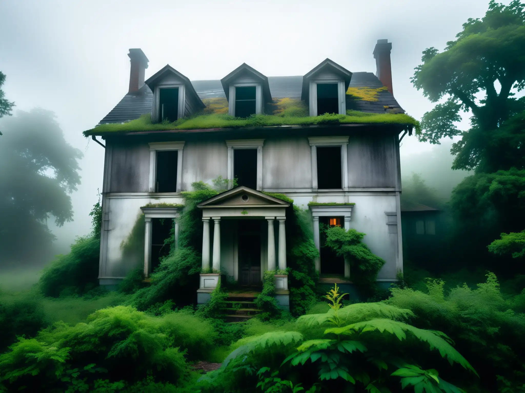 Una casa abandonada envuelta en niebla y vegetación exuberante, evocando el misterio del fenómeno casa embrujada