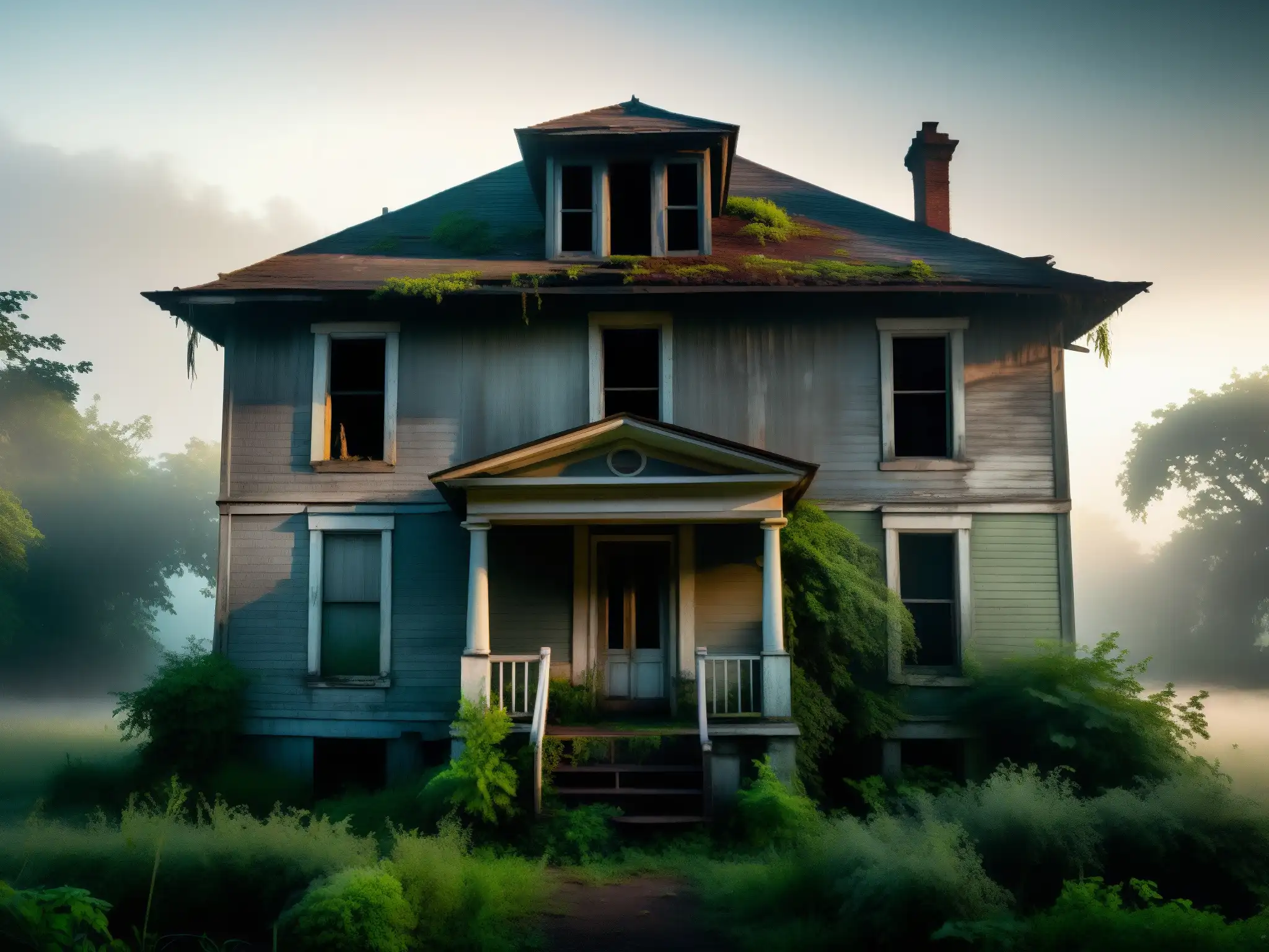 Una casa antigua y deteriorada envuelta en niebla, con pintura descascarada y ventanas rotas, rodeada de vegetación