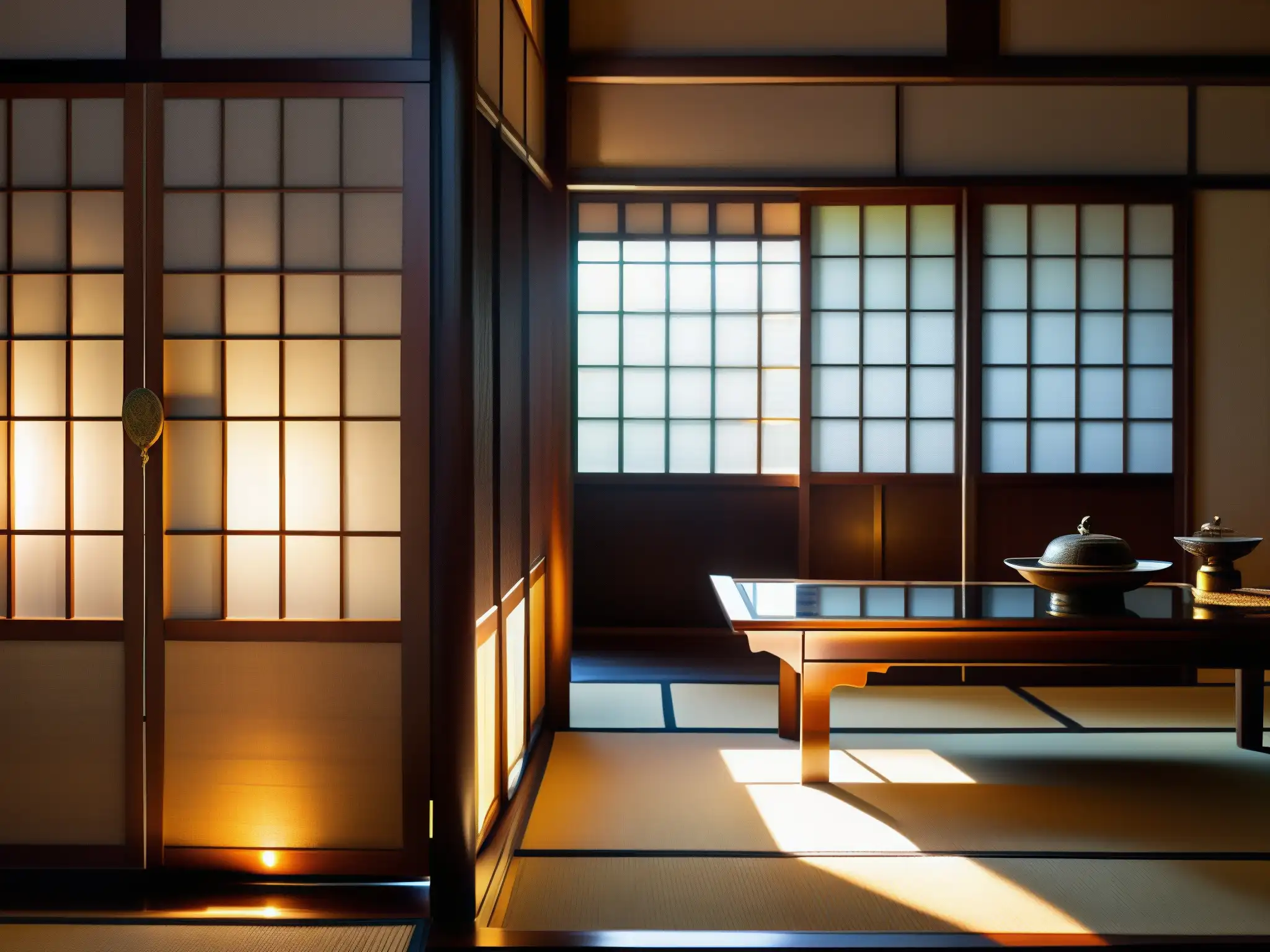 Una casa japonesa tradicional con espejos reflejando muebles antiguos y decoración, creando un juego de luz y sombra
