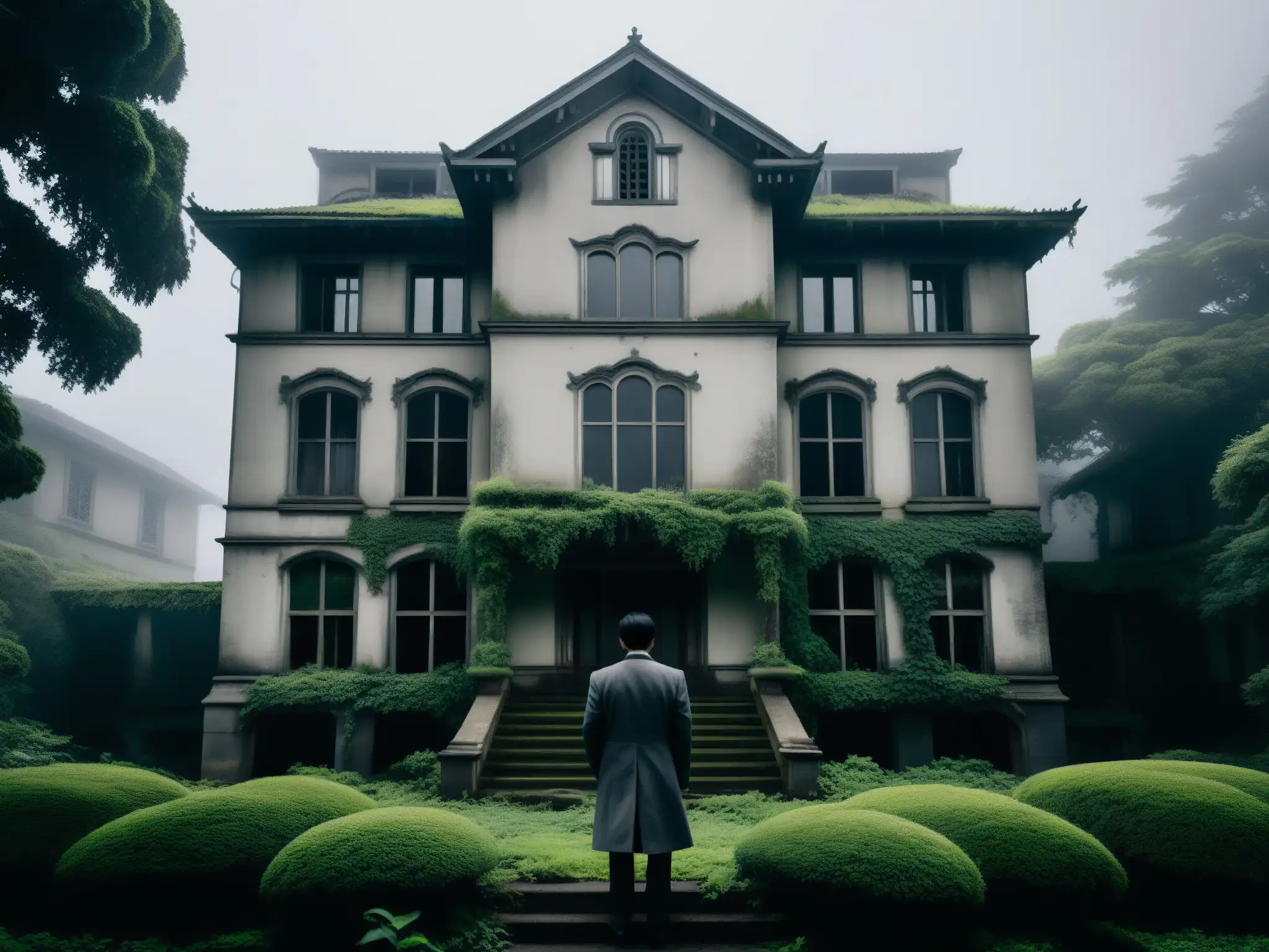 La Casa Maldita de Himuro, mansión abandonada envuelta en niebla con jardín descuidado y figura fantasmal en la ventana