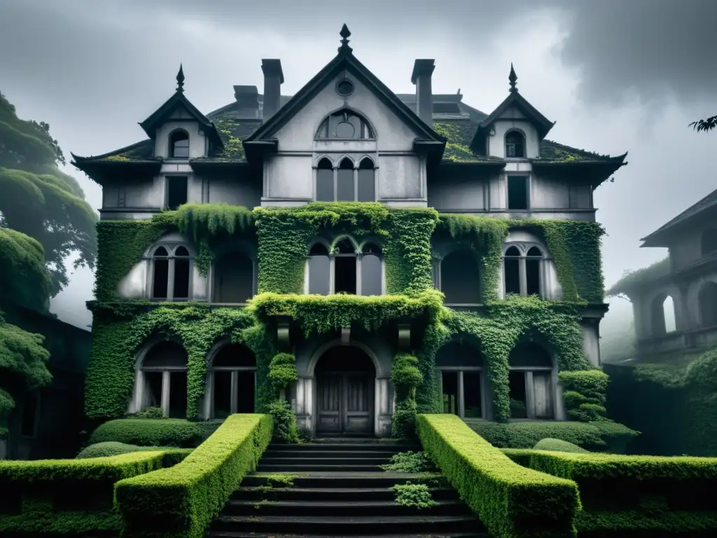 La Casa Maldita de Himuro: mansión abandonada envuelta en niebla y enredaderas, evocando misterio y tragedia gótica