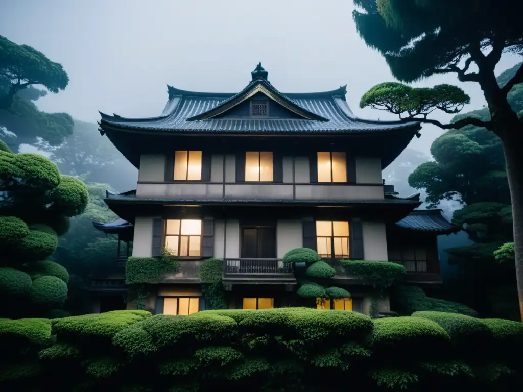 La Casa Maldita de Himuro: Mansión japonesa abandonada en la noche, envuelta en neblina y misterio, con árboles y jardines descuidados