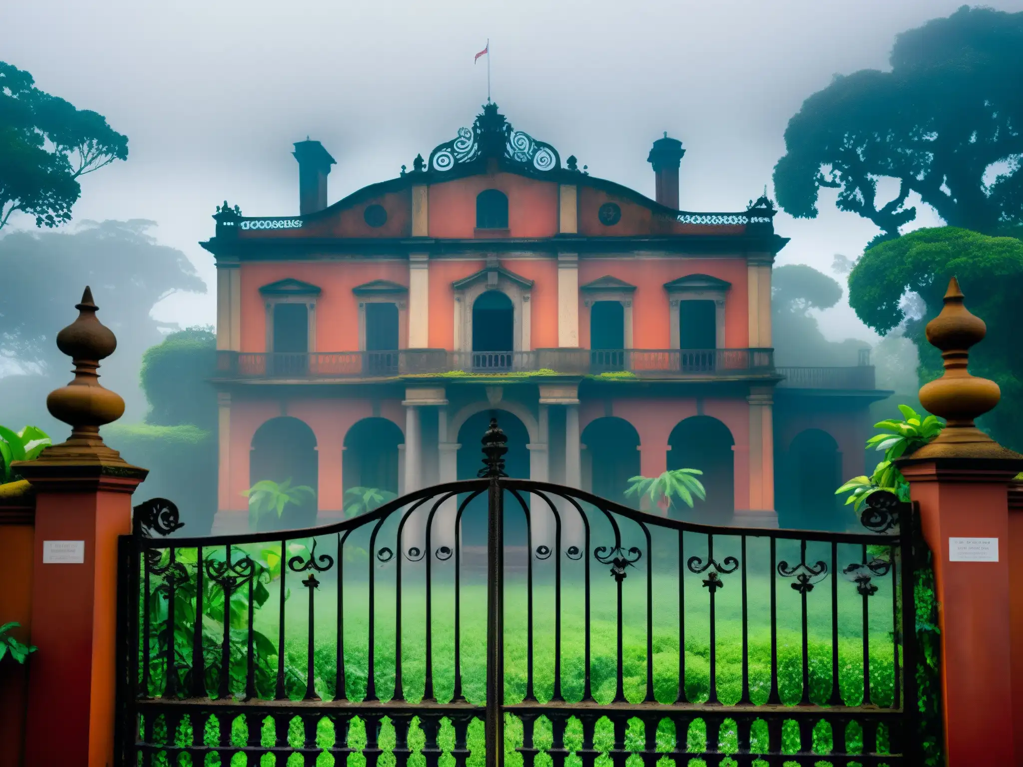La Casa Roja, una mansión colonial en ruinas con un ambiente fantasmal del Británico, rodeada de niebla y enredaderas