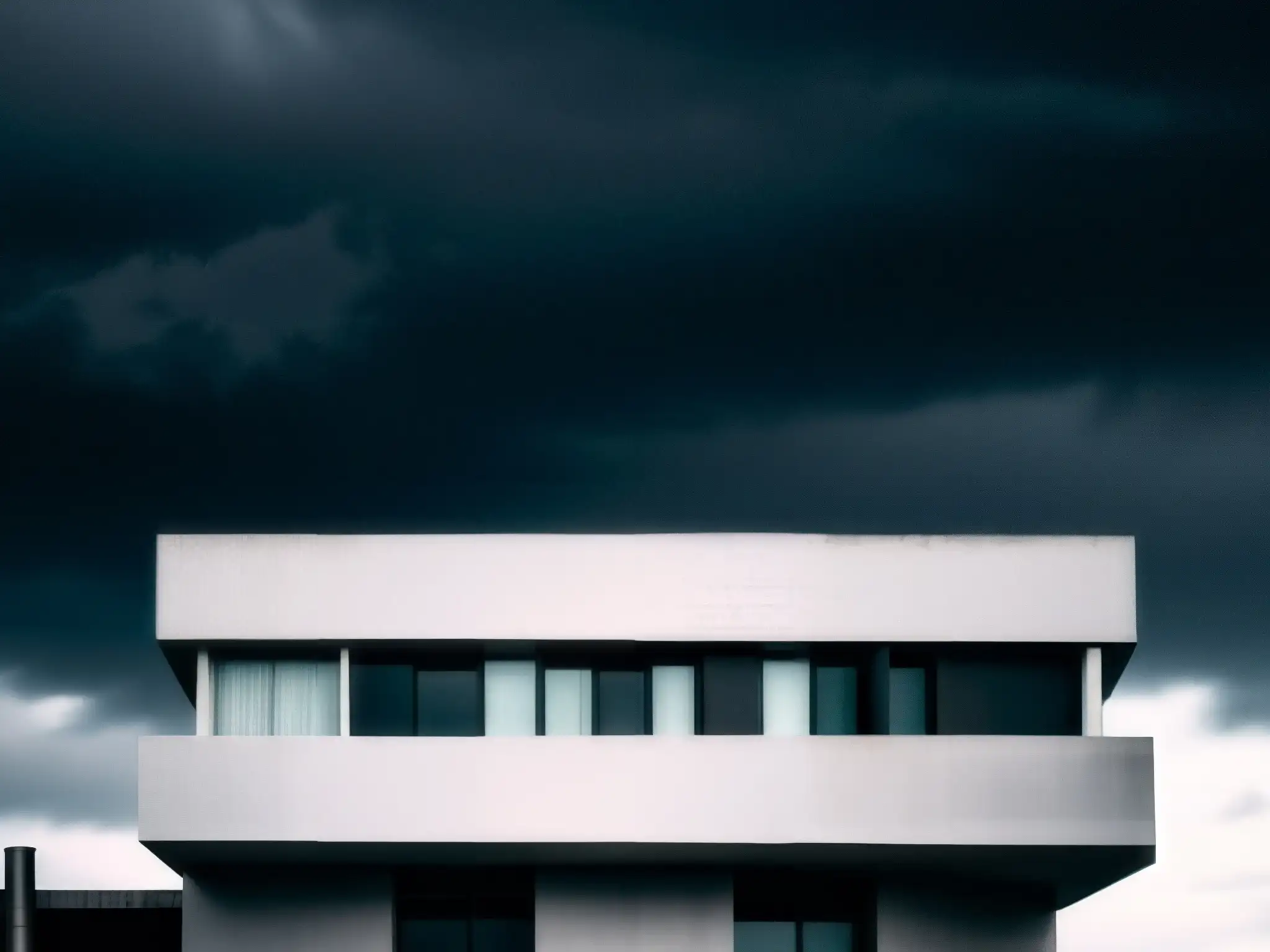 La Casa de los Tubos Oscuros, moderna arquitectura en contraste con un cielo nublado y misterioso