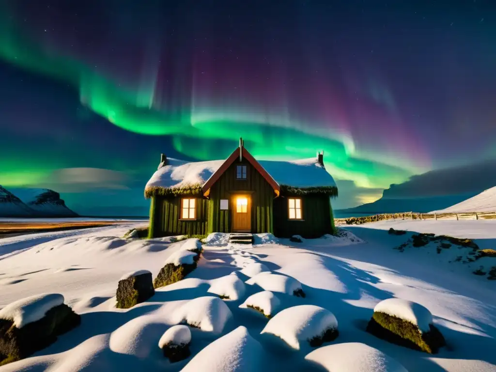 Una casa de turba islandesa tradicional iluminada desde adentro, con la aurora boreal danzando en el cielo estrellado