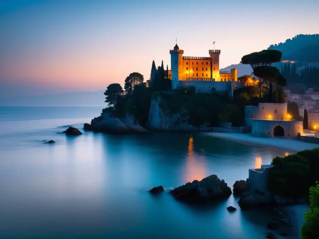 El Castello di Miramare en Trieste al atardecer, con una atmósfera misteriosa y un toque de fantasía con la silueta de un fantasma