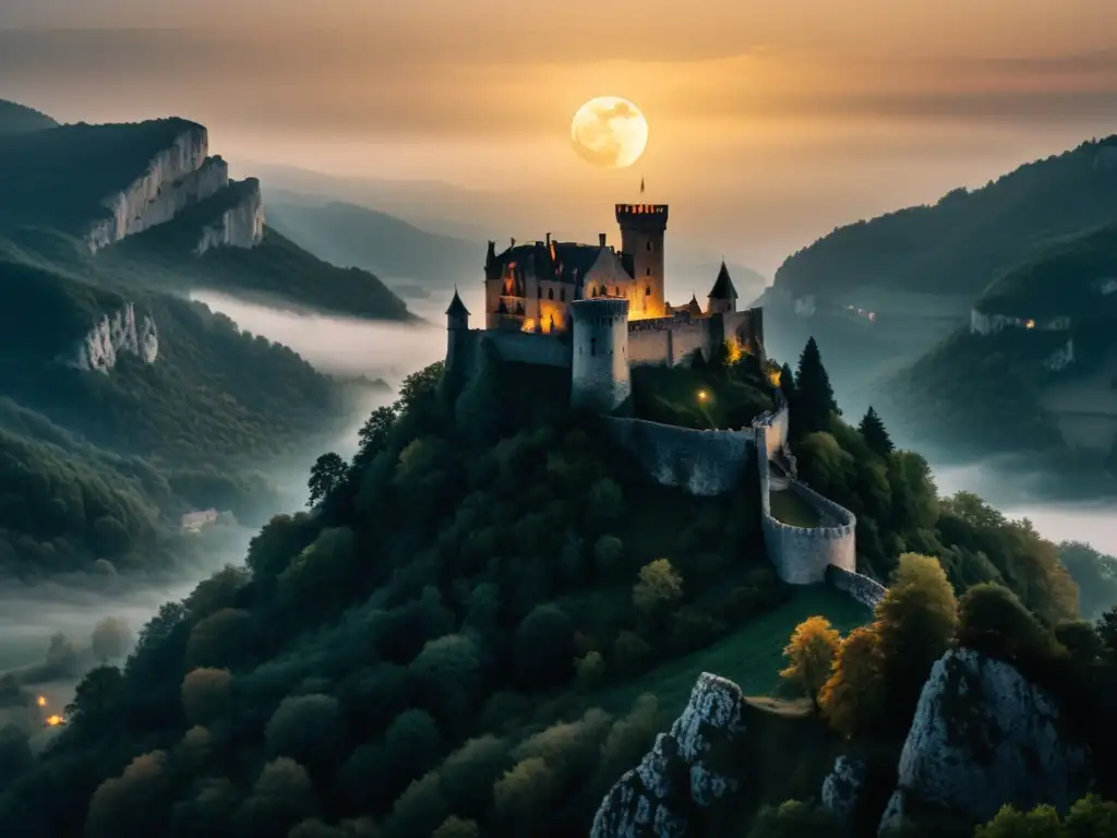 Castillo antiguo en la niebla con la luna iluminando el bosque