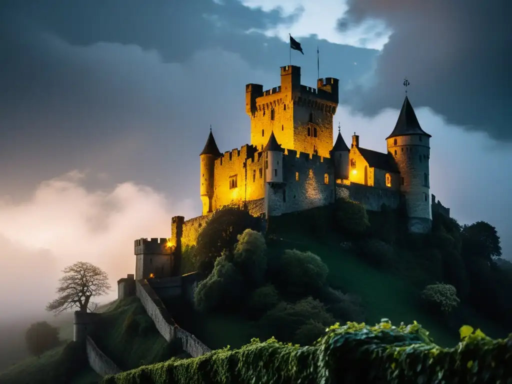 Castillo medieval envuelto en niebla con la Dama Blanca deslizándose, evocando los orígenes históricos de la leyenda