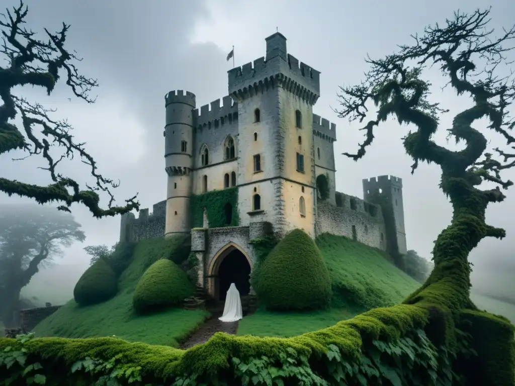 Un castillo en la niebla con la Dama de Blanco, mito fantasma europeo, evocando misterio y foreboding