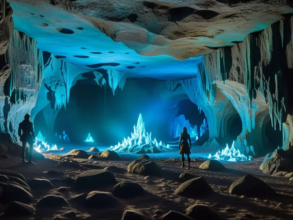 La caverna subterránea de los elfos oscuros muestra la mitología de elfos oscuros subterráneos en bioluminiscencia