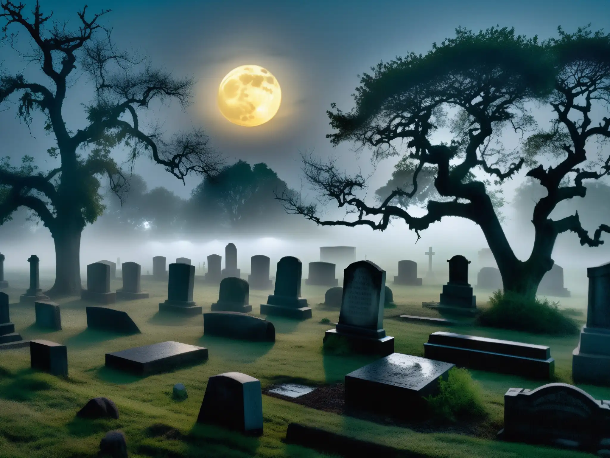 Un cementerio misterioso y enigmático de noche, con tumbas antiguas entre la neblina, árboles retorcidos y una luna etérea