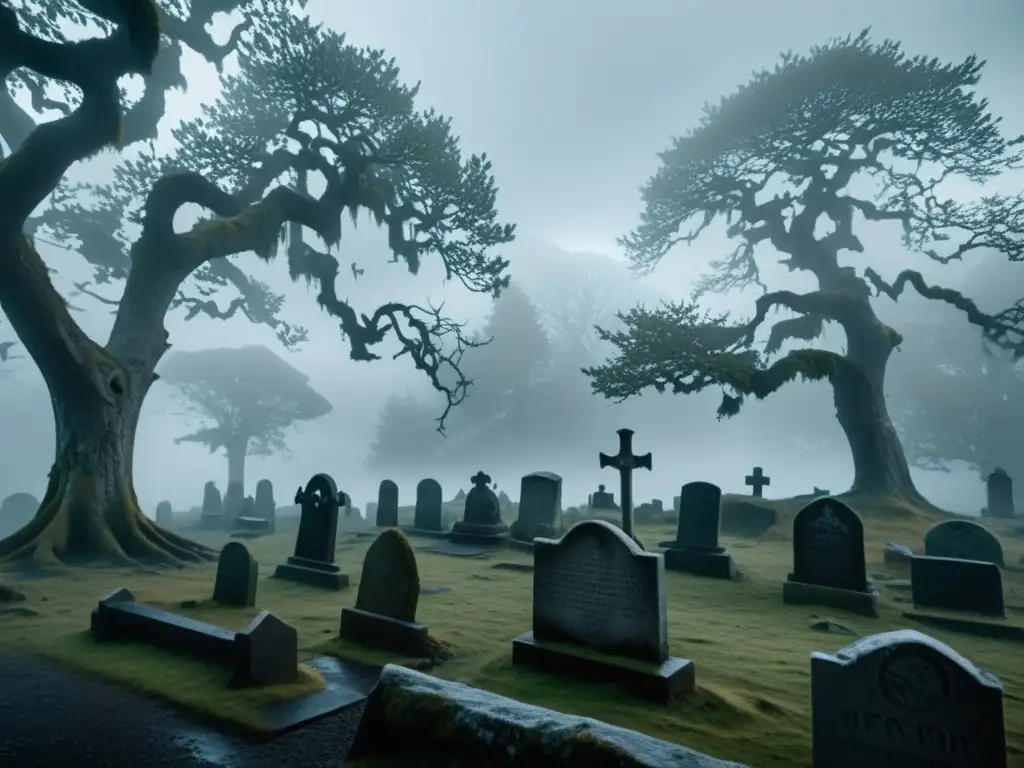 Draugar: Cementerio nórdico envuelto en neblina y árboles retorcidos, evocando la mitología nórdica de zombis
