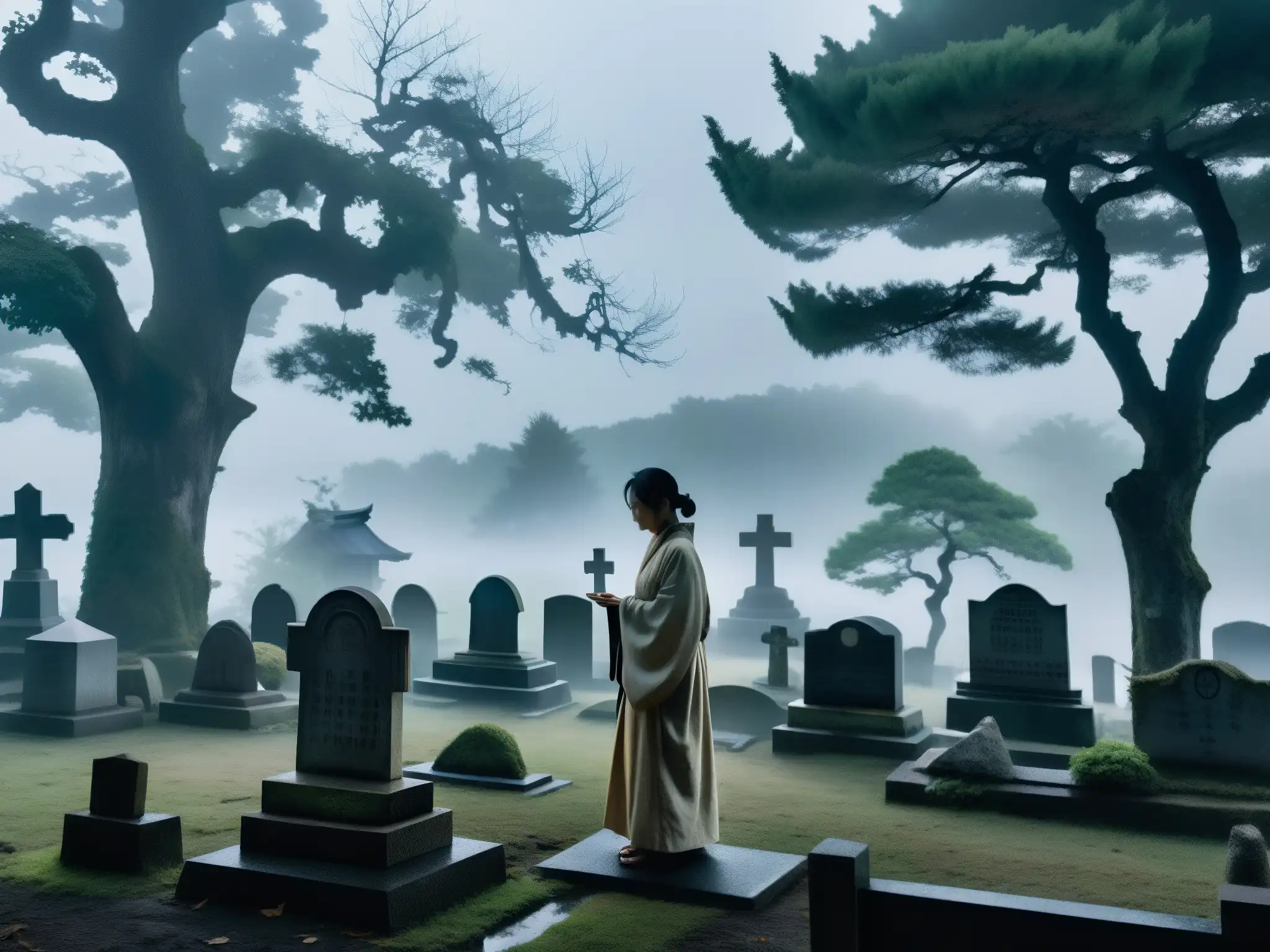 En un cementerio rural de Japón, entre la niebla y la luz de la luna, un ser espectral come una ofrenda