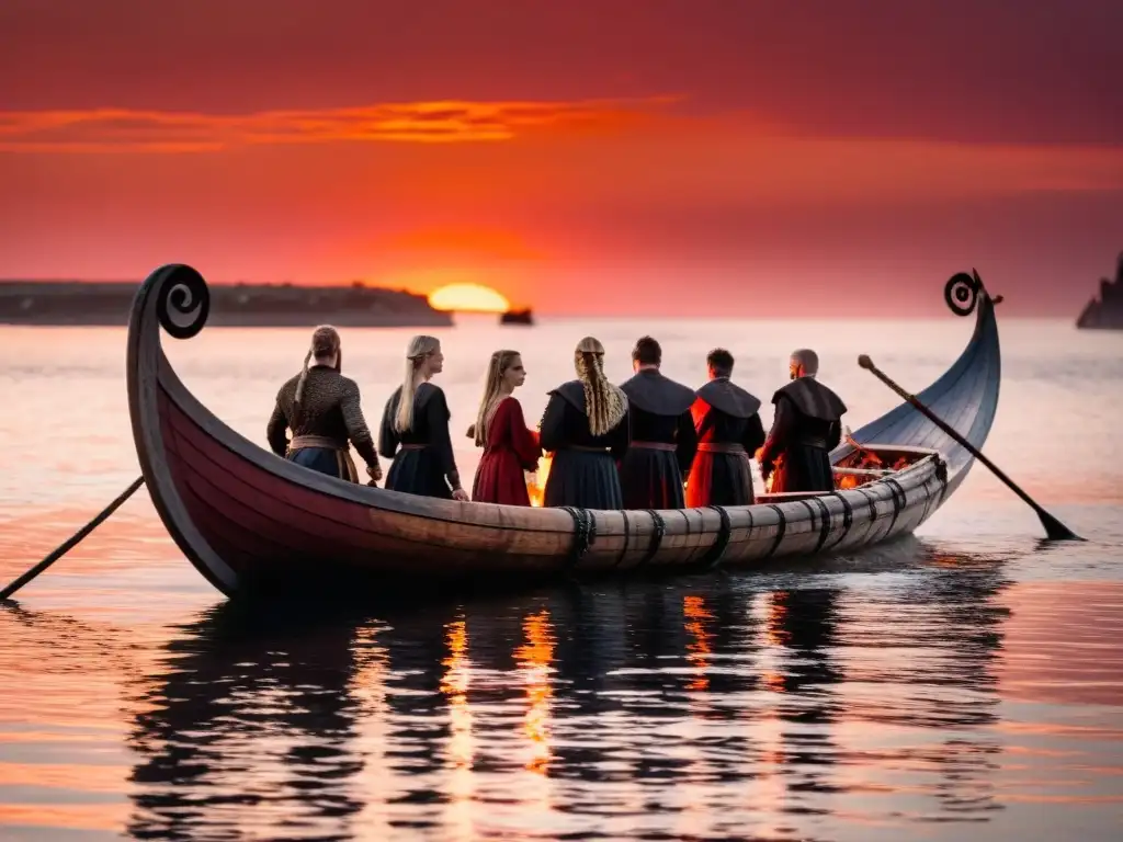 Una ceremonia funeraria vikinga con un barco en llamas en el agua y un cielo naranja y rojo dramático