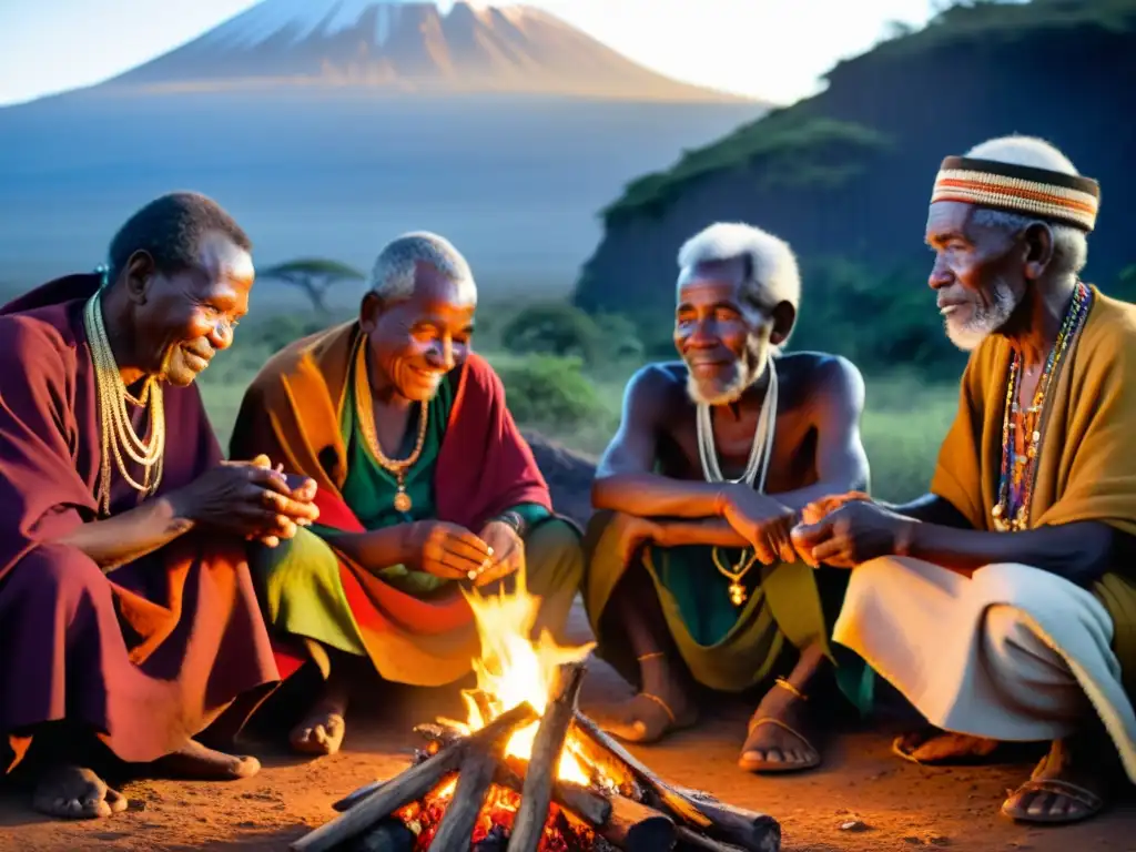 Chagga elders realizan ritual junto al fuego en el Kilimanjaro, transmitiendo mitos y rituales chagga kilimanjaro en un entorno místico y ancestral