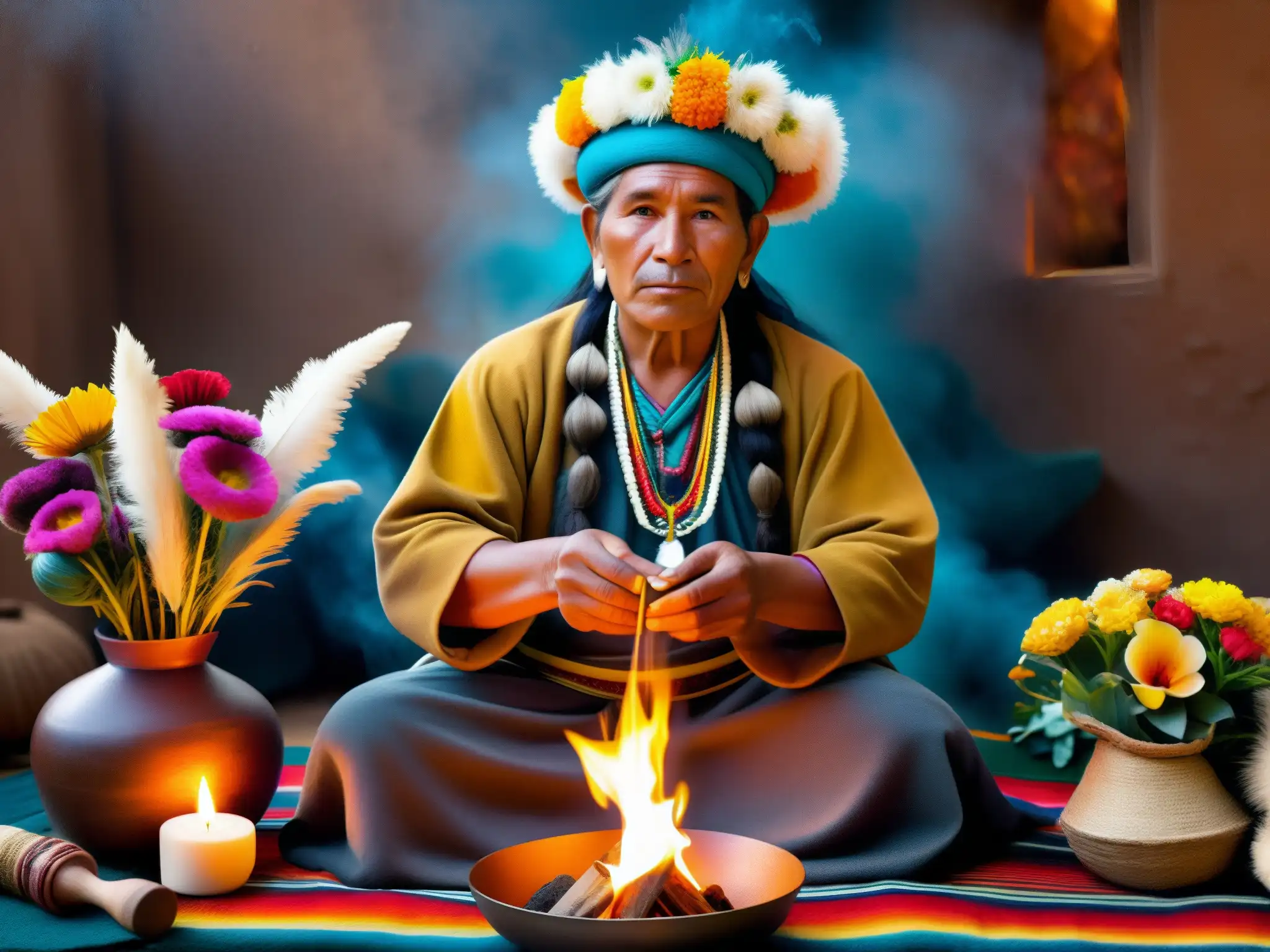 Un chamán andino realiza un ritual para honrar a Pachamama, rodeado de ofrendas coloridas en un ambiente místico y cautivador