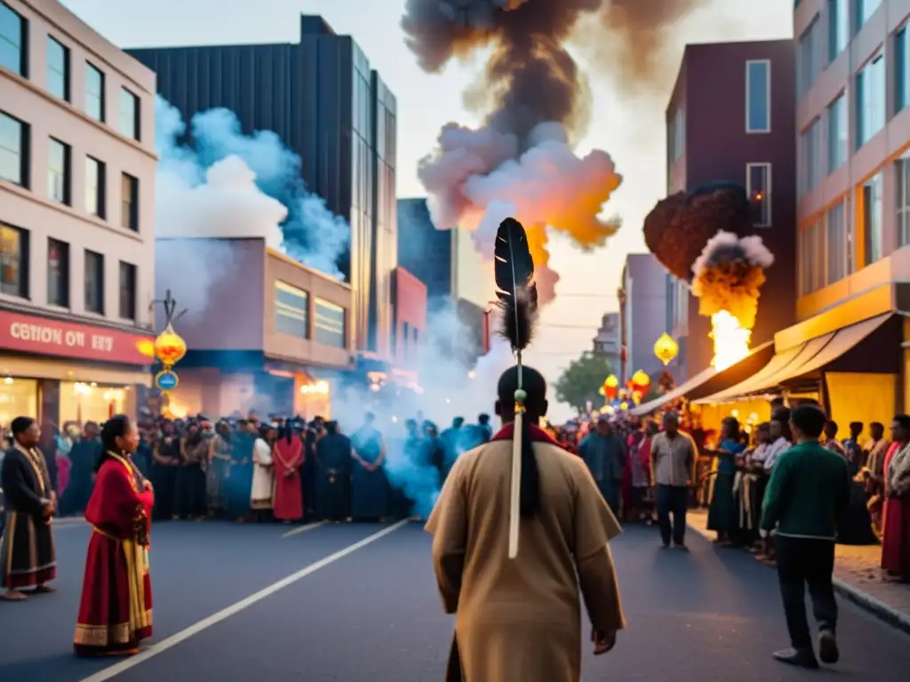 Un chamán realiza una ceremonia en una bulliciosa calle urbana al anochecer, mostrando el Poder de los Ancestros en Leyendas Urbanas