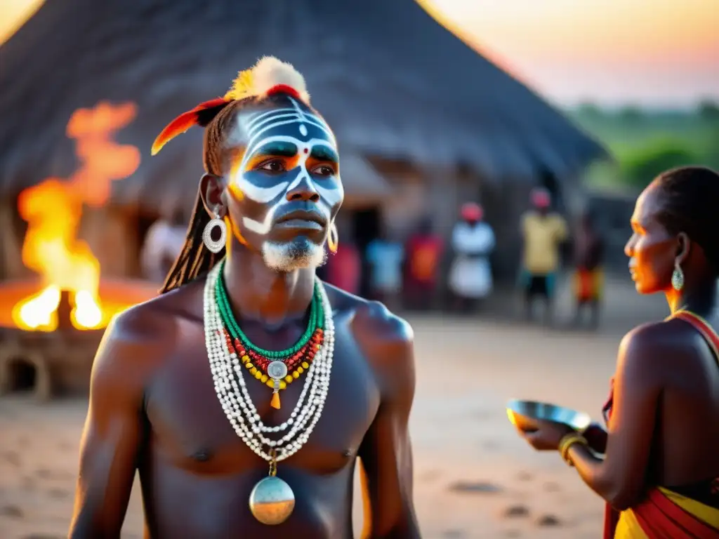 Un chamán local lleva a cabo un ritual en las ruinas de Kilwa Kisiwani, rodeado de aldeanos y con el espíritu protector Kilwa Kisiwani presente