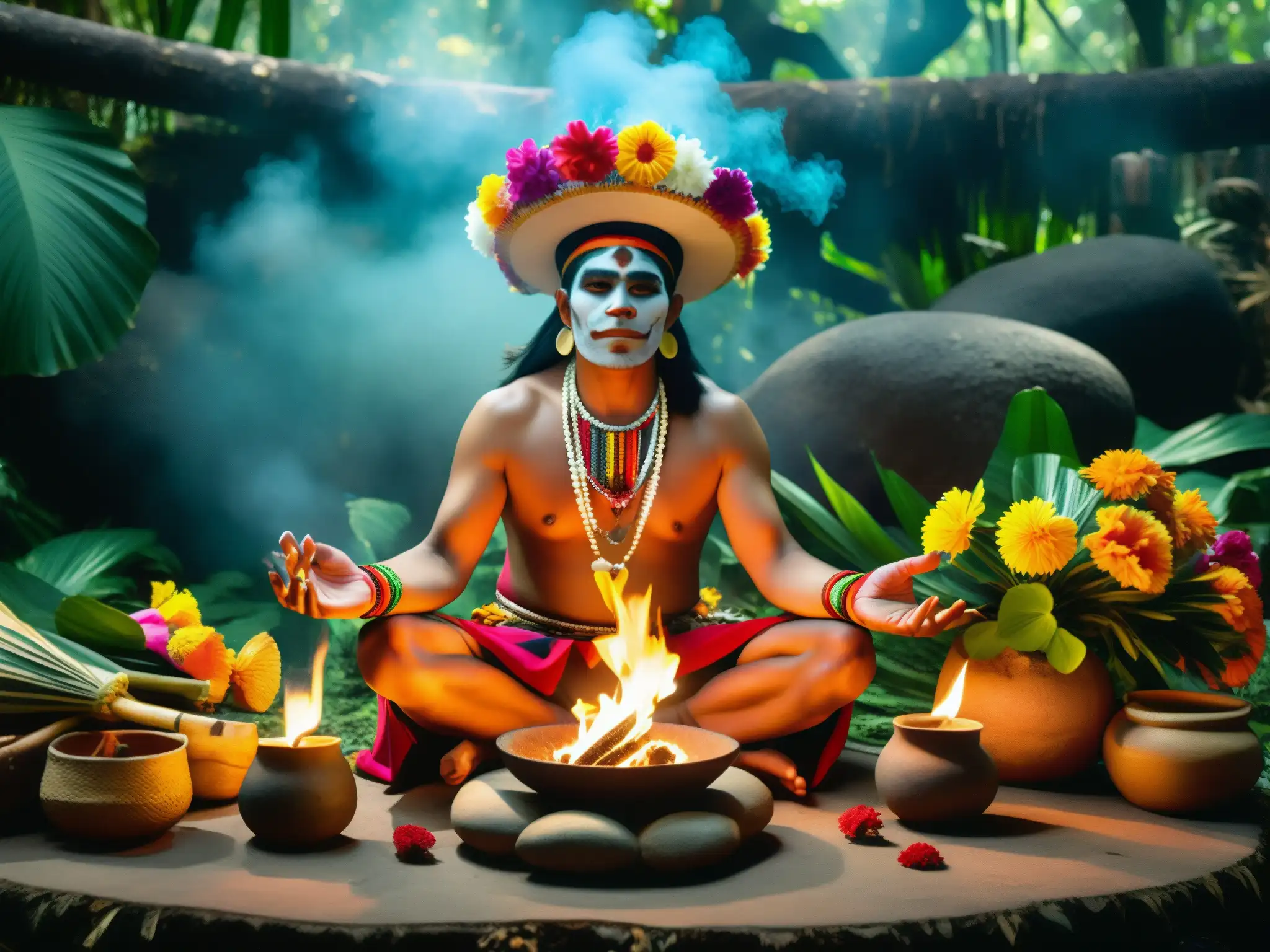 Un chaman mexicano realiza un ritual en la densa selva, envuelto en nahualismo en leyendas indígenas mexicanas