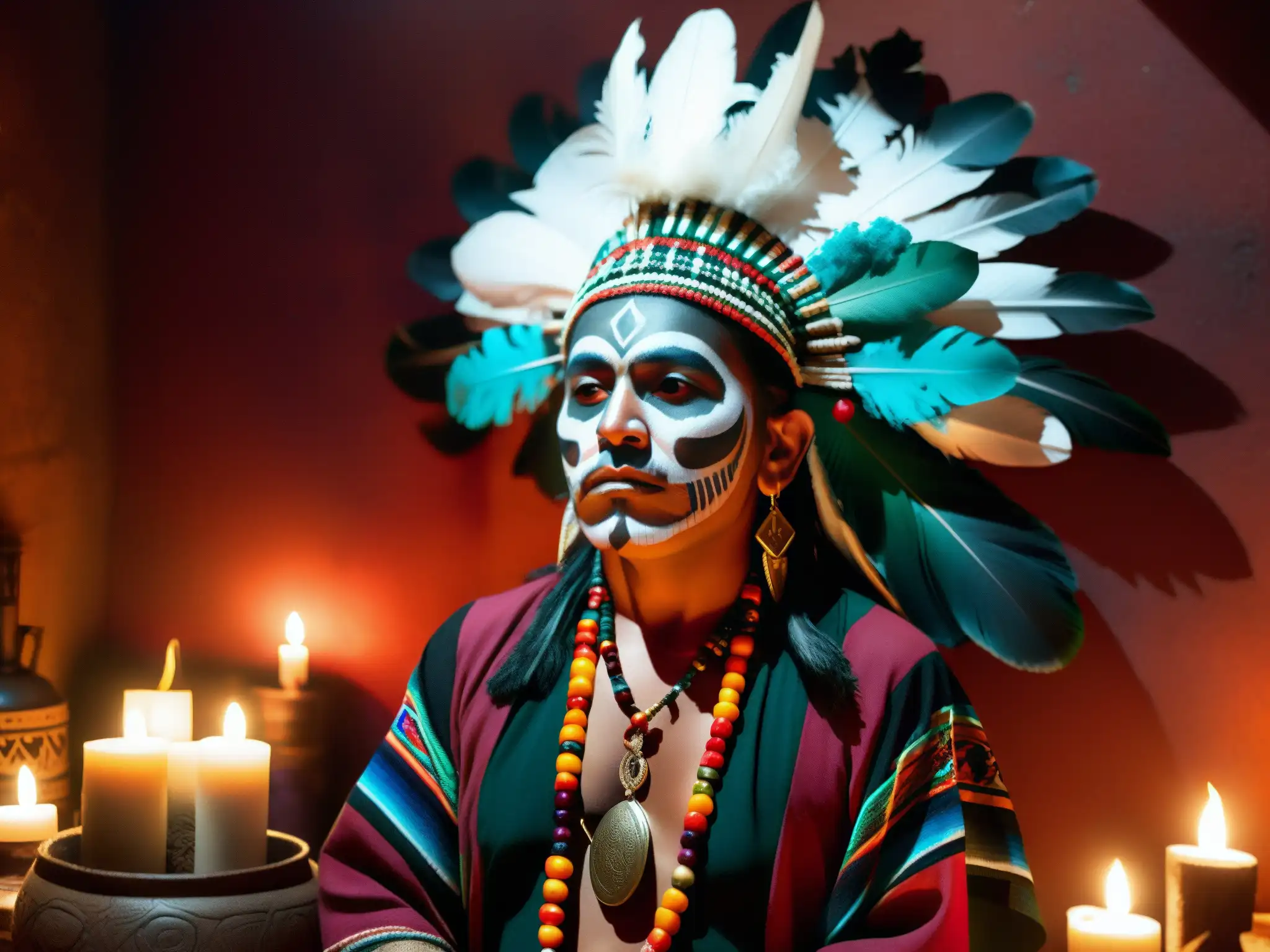 Un chamán mexicano realiza un ritual en una habitación ahumada, rodeado de elementos simbólicos